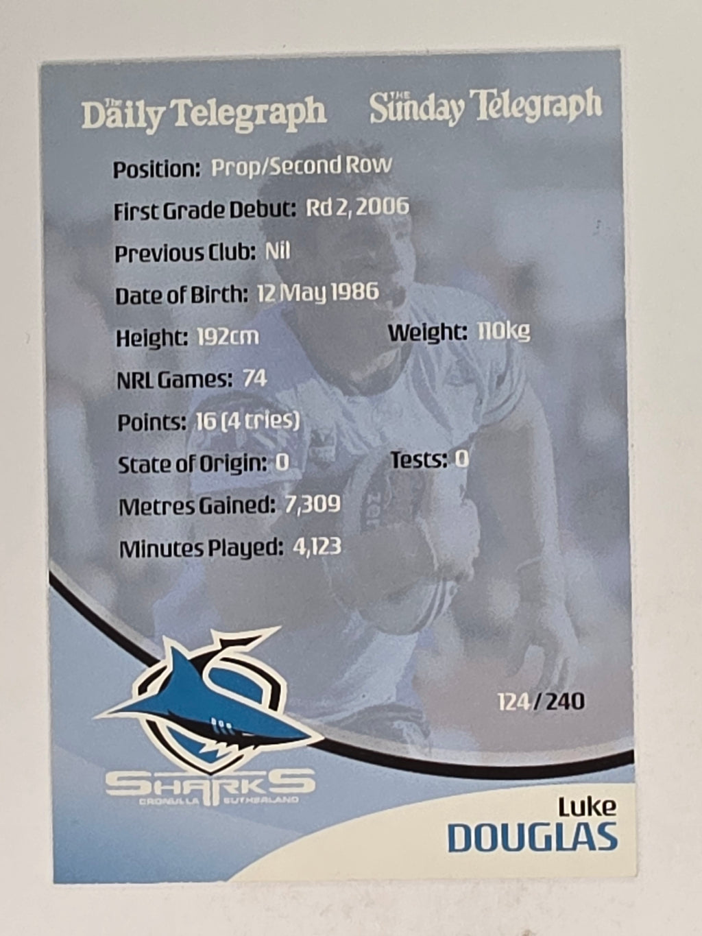 NRL 2009 Daily Telegraph | #124 | Luke Douglas | Cronulla Sutherland Sharks