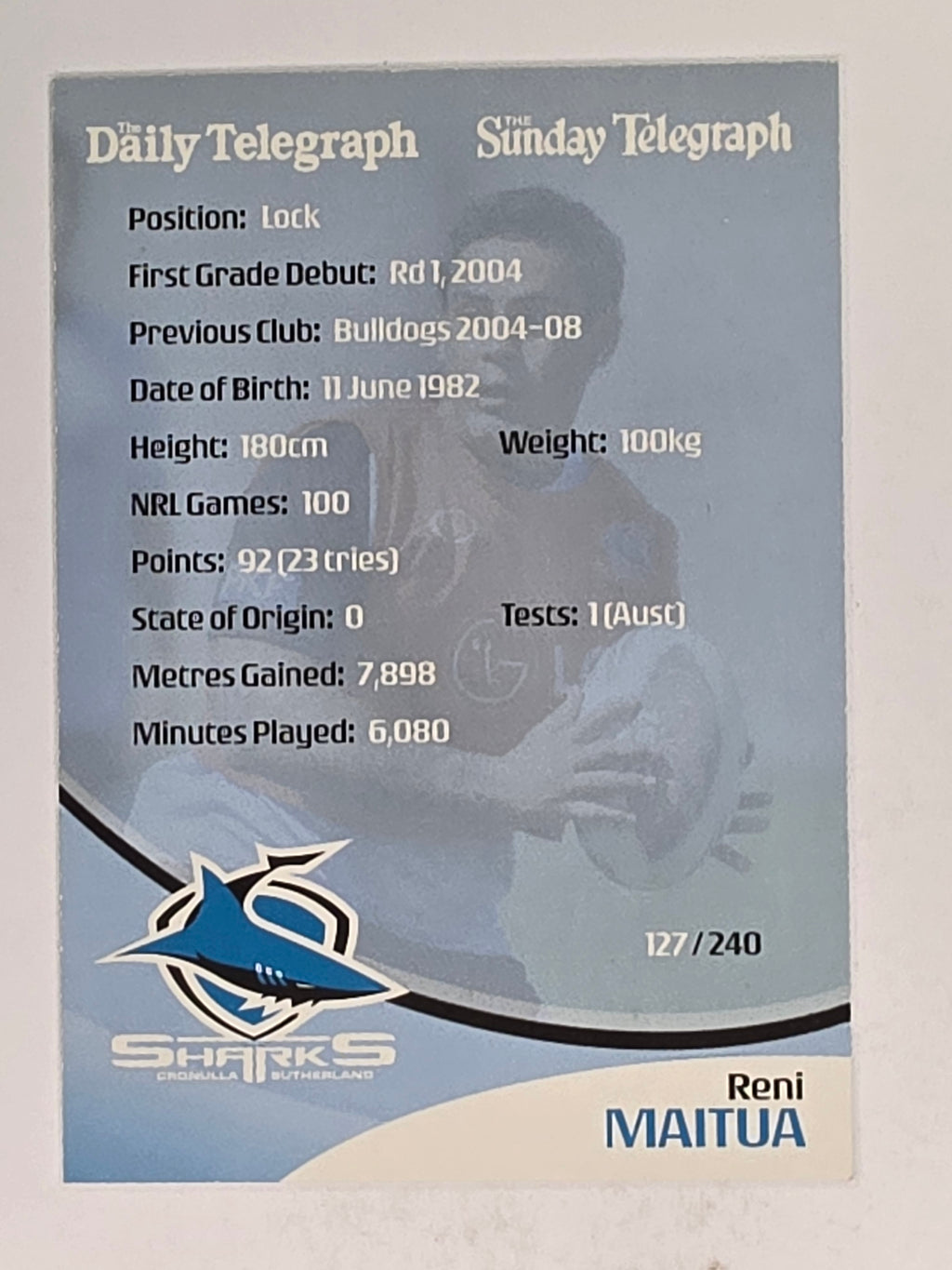 NRL 2009 Daily Telegraph | #127 | Reni Maitua | Cronulla Sutherland Sharks