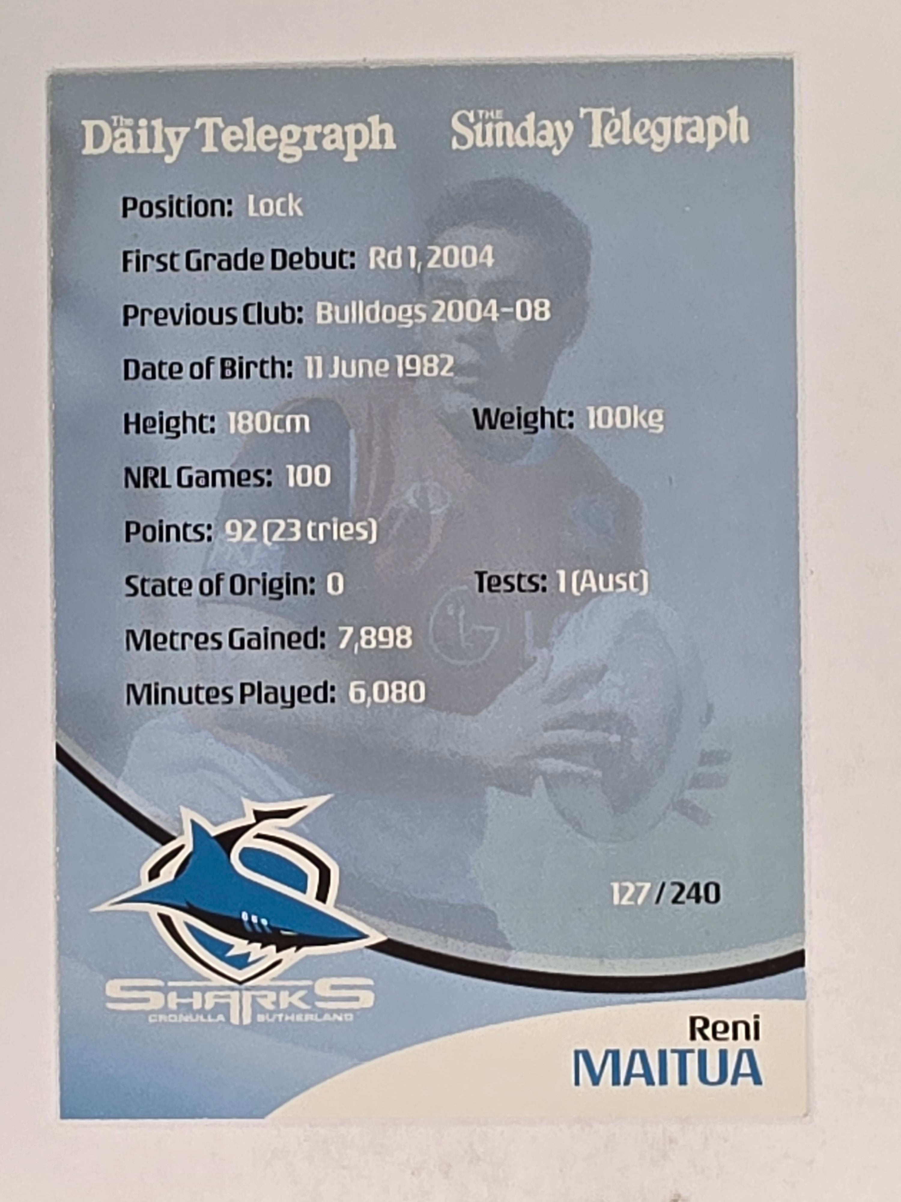 NRL 2009 Daily Telegraph | #127 | Reni Maitua | Cronulla Sutherland Sharks
