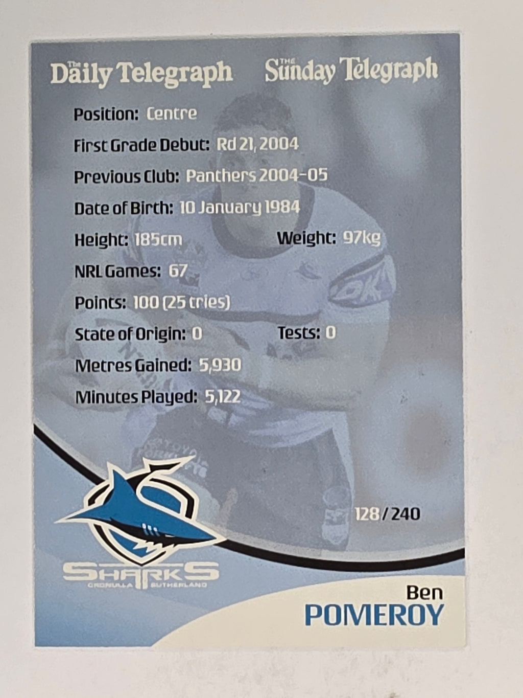 NRL 2009 Daily Telegraph | #128 | Ben Pomeroy | Cronulla Sutherland Sharks