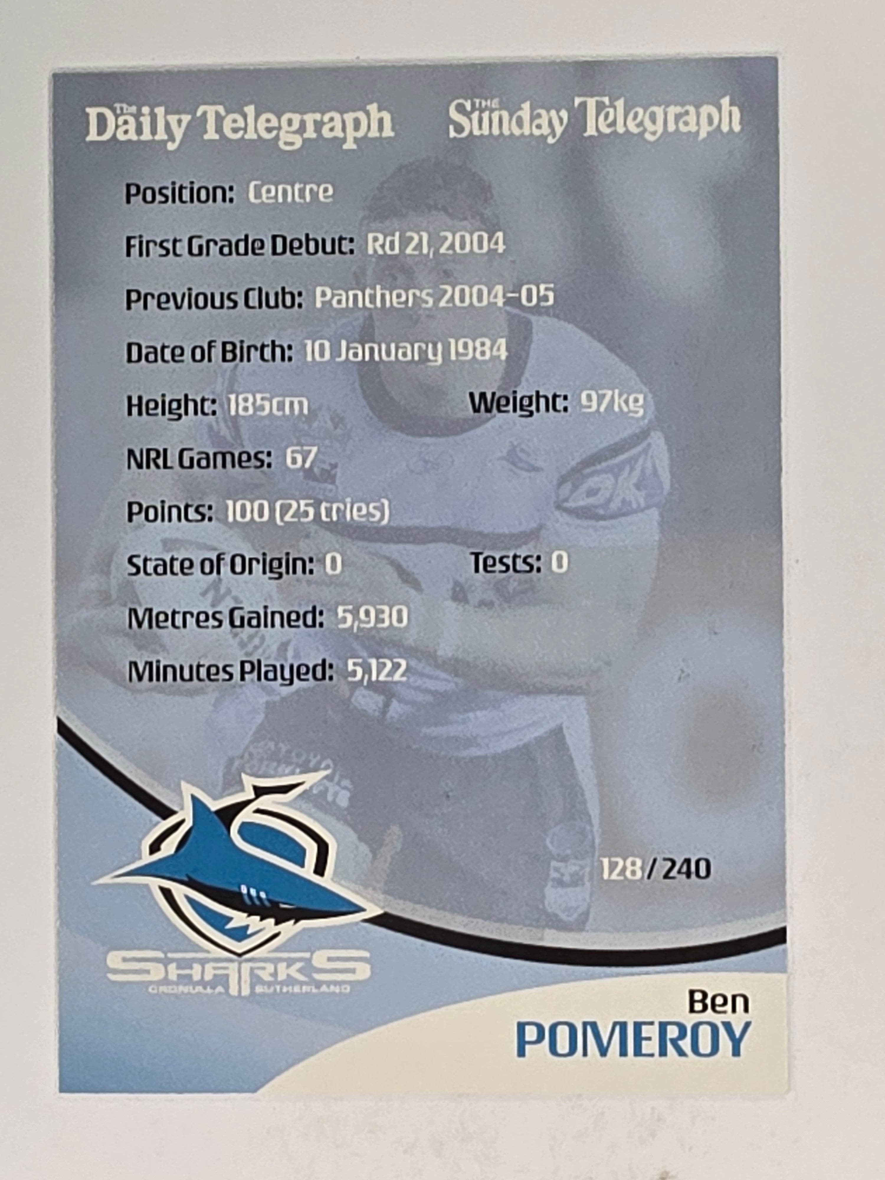 NRL 2009 Daily Telegraph | #128 | Ben Pomeroy | Cronulla Sutherland Sharks