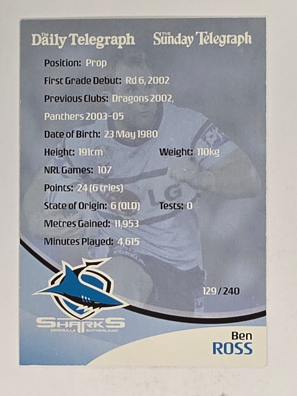 NRL 2009 Daily Telegraph | #129 | Ben Ross | Cronulla Sutherland Sharks