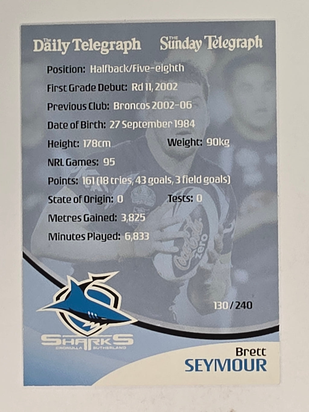 NRL 2009 Daily Telegraph | #130 | Brett Seymour | Cronulla Sutherland Sharks