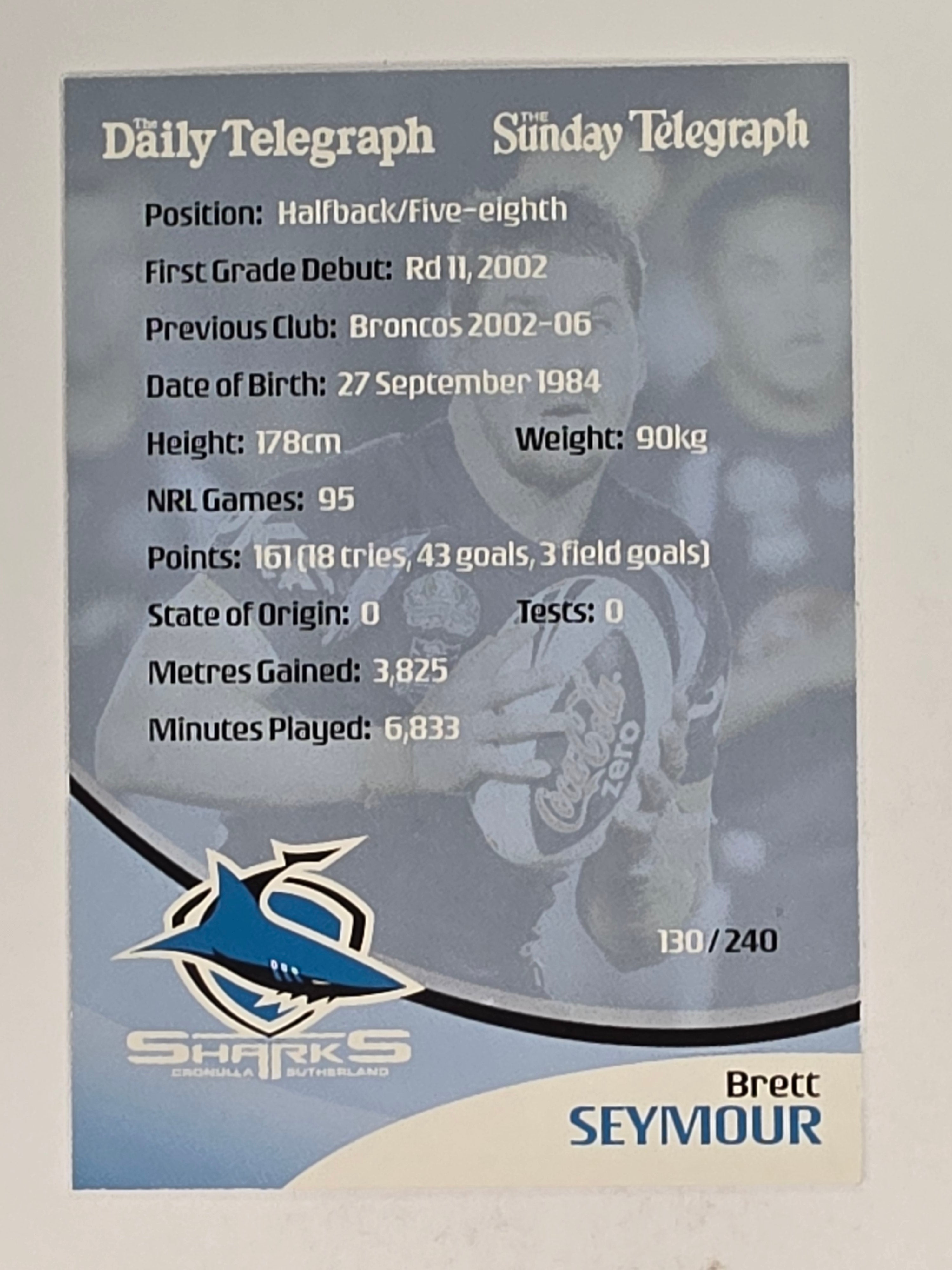 NRL 2009 Daily Telegraph | #130 | Brett Seymour | Cronulla Sutherland Sharks