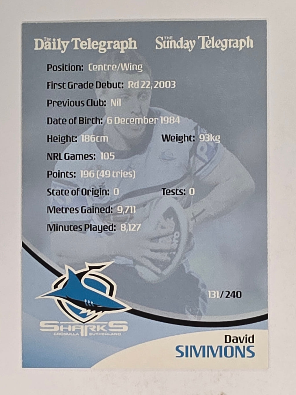 NRL 2009 Daily Telegraph | #131 | David Simmons | Cronulla Sutherland Sharks