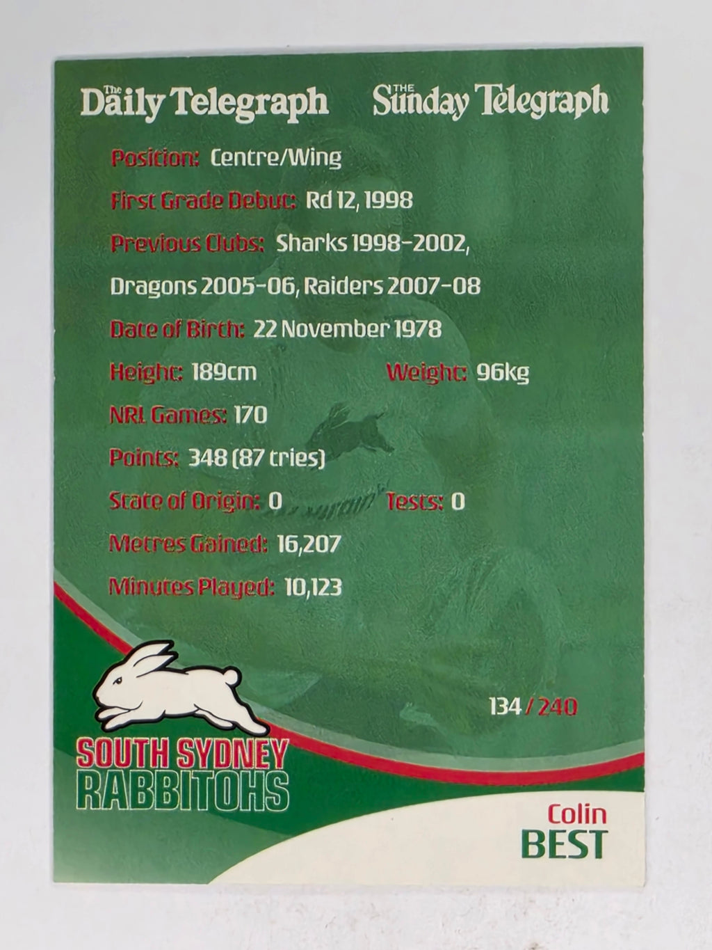 NRL 2009 Daily Telegraph | #134 | Colin Best | South Sydney Rabbitohs