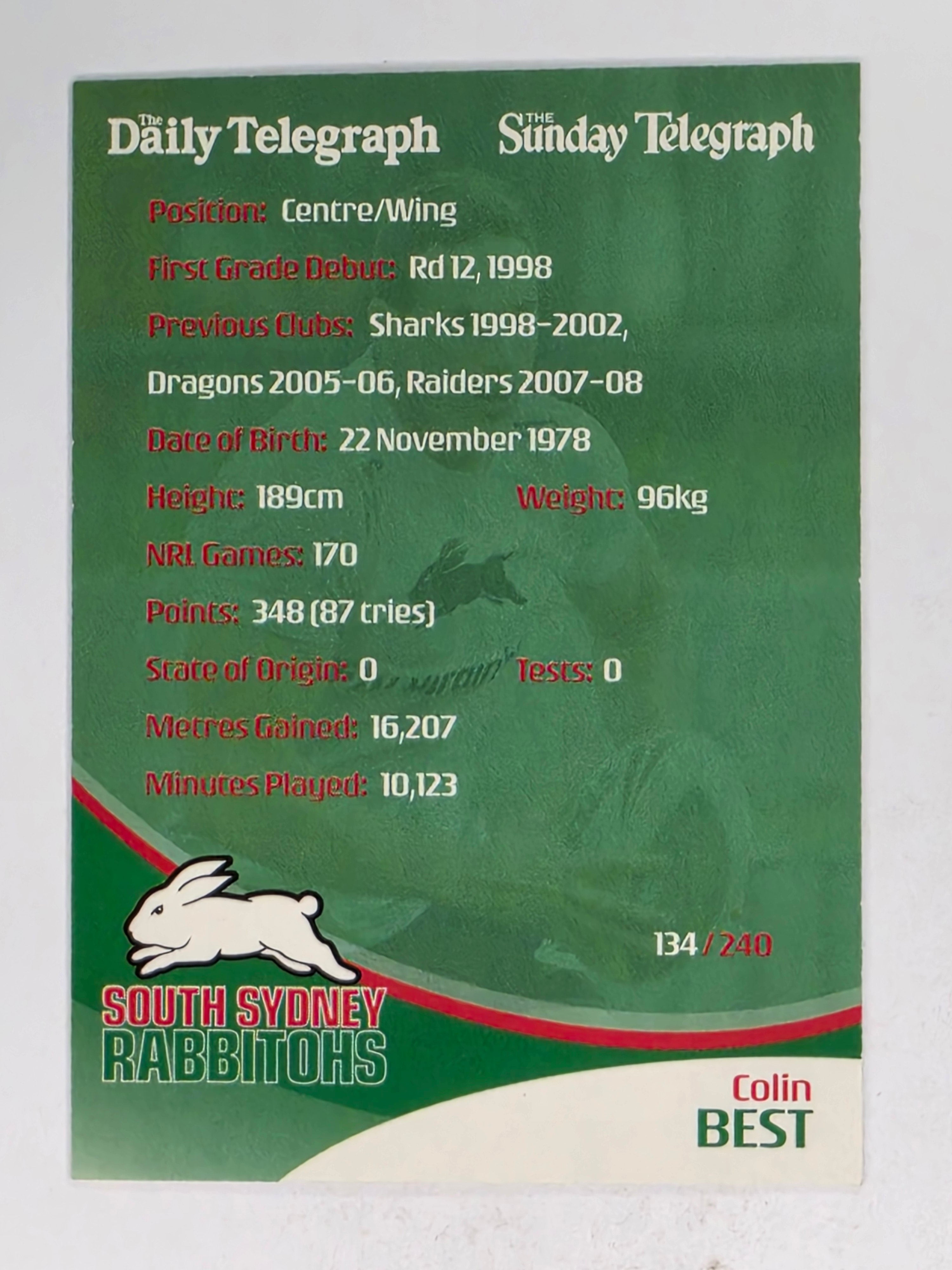 NRL 2009 Daily Telegraph | #134 | Colin Best | South Sydney Rabbitohs