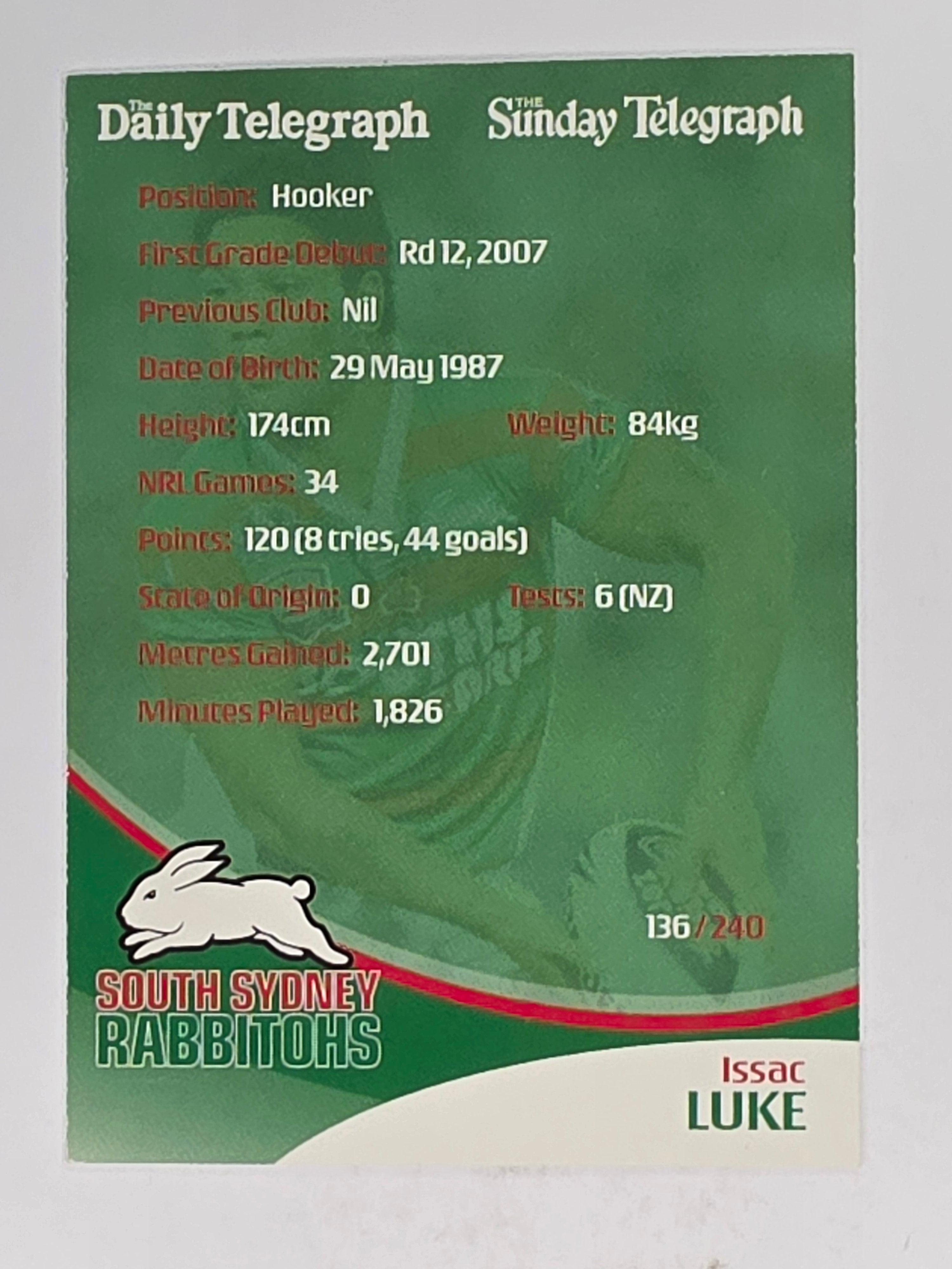 NRL 2009 Daily Telegraph | #136 | Issac Luke | South Sydney Rabbitohs