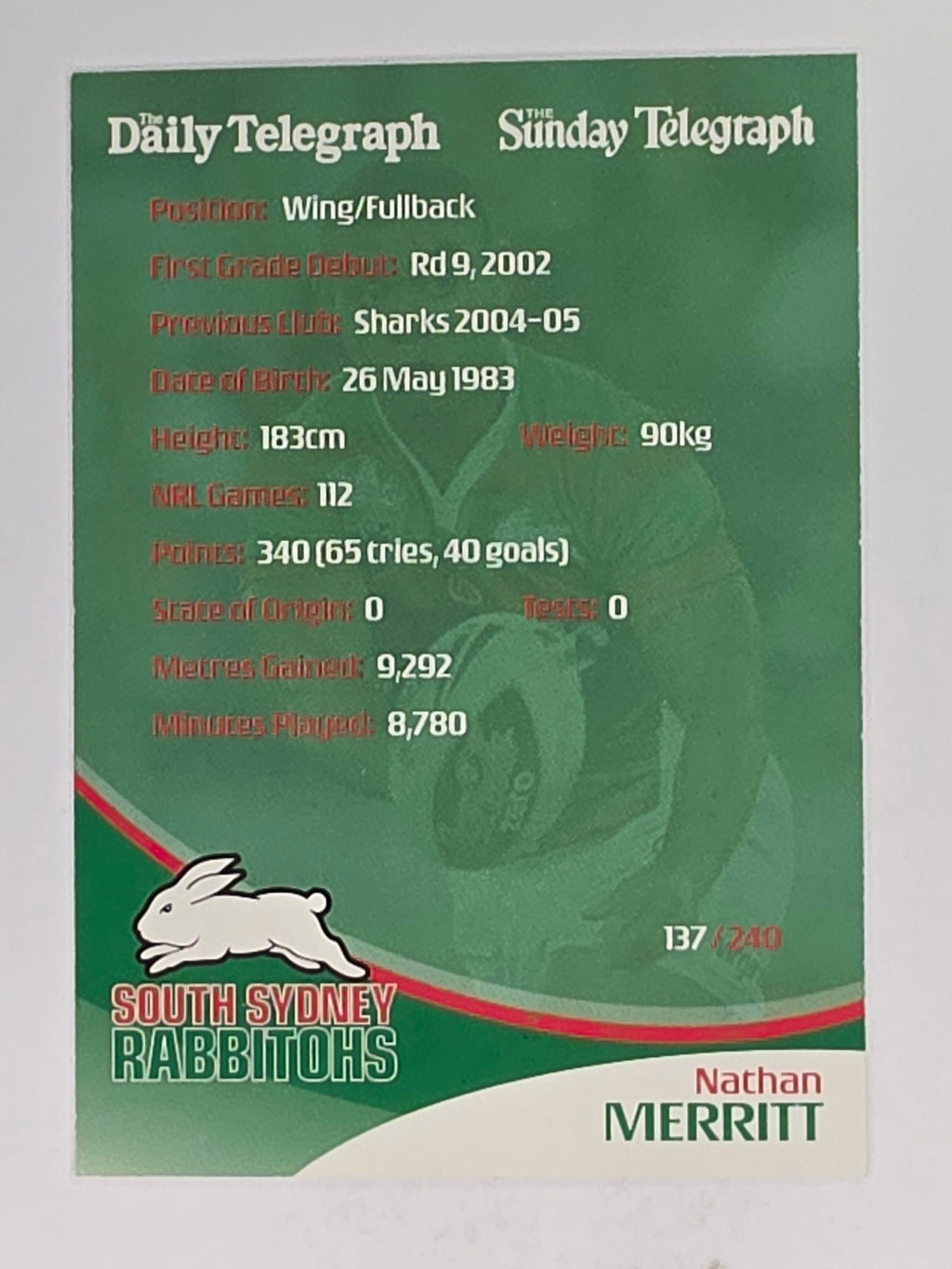 NRL 2009 Daily Telegraph | #137 | Nathan Merritt | South Sydney Rabbitohs