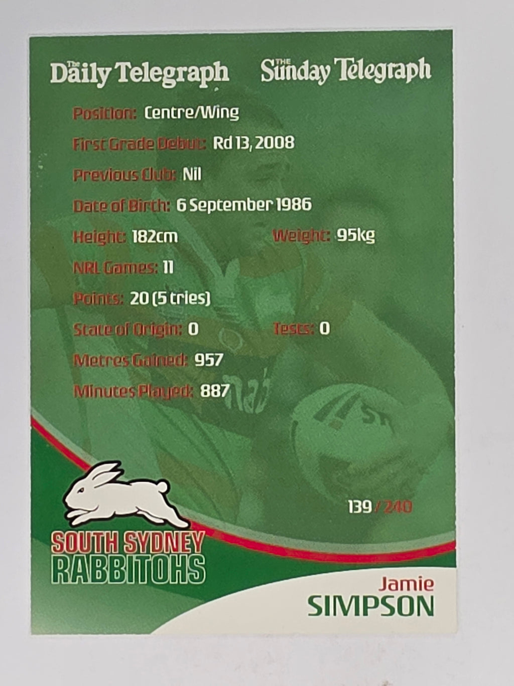 NRL 2009 Daily Telegraph | #139 | Jamie Simpson | South Sydney Rabbitohs