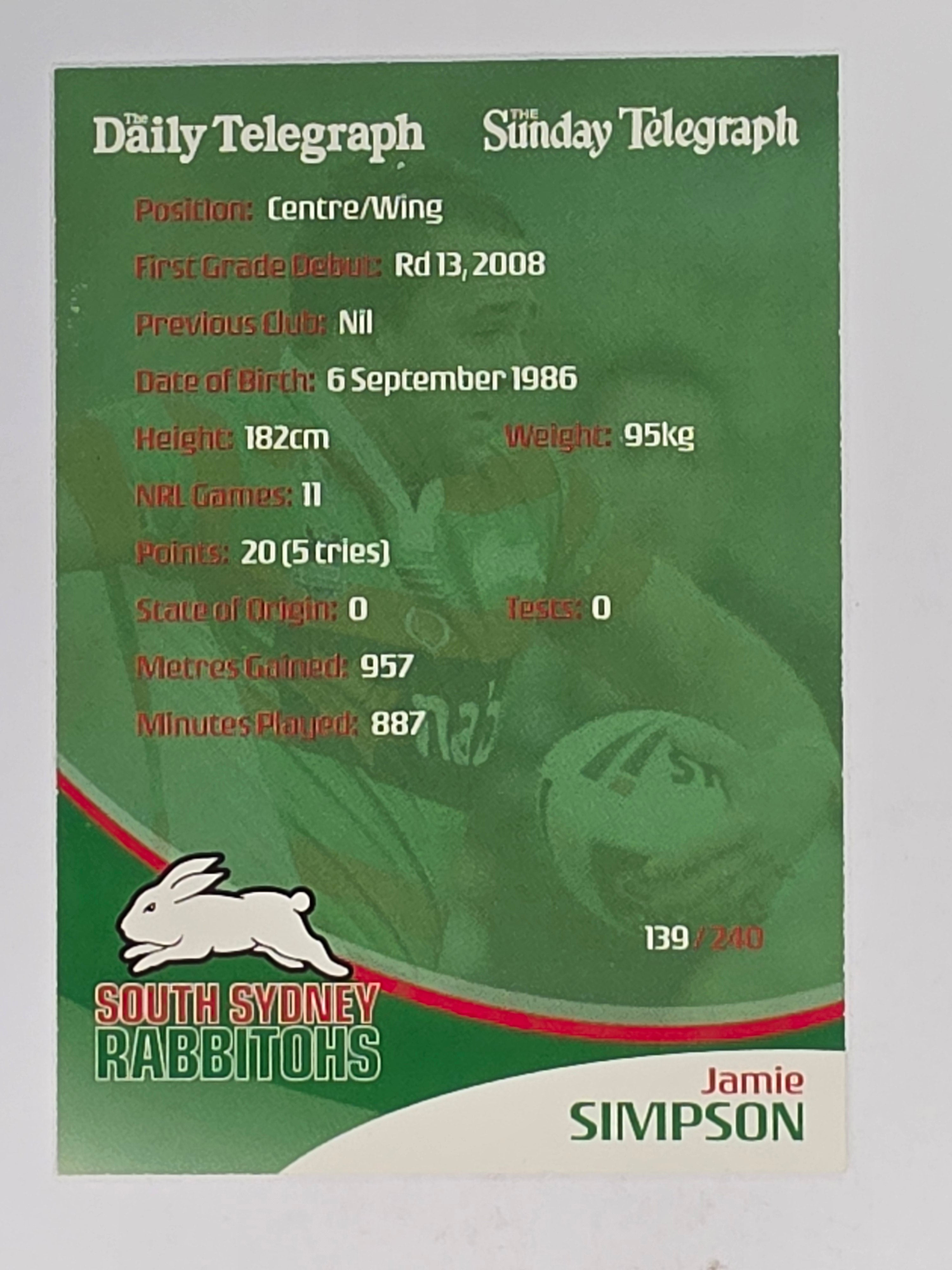 NRL 2009 Daily Telegraph | #139 | Jamie Simpson | South Sydney Rabbitohs