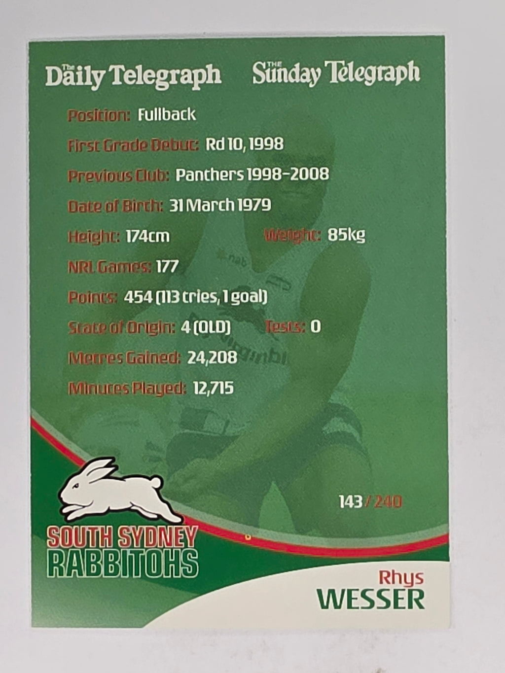 NRL 2009 Daily Telegraph | #143 | Rhys Wesser | South Sydney Rabbitohs