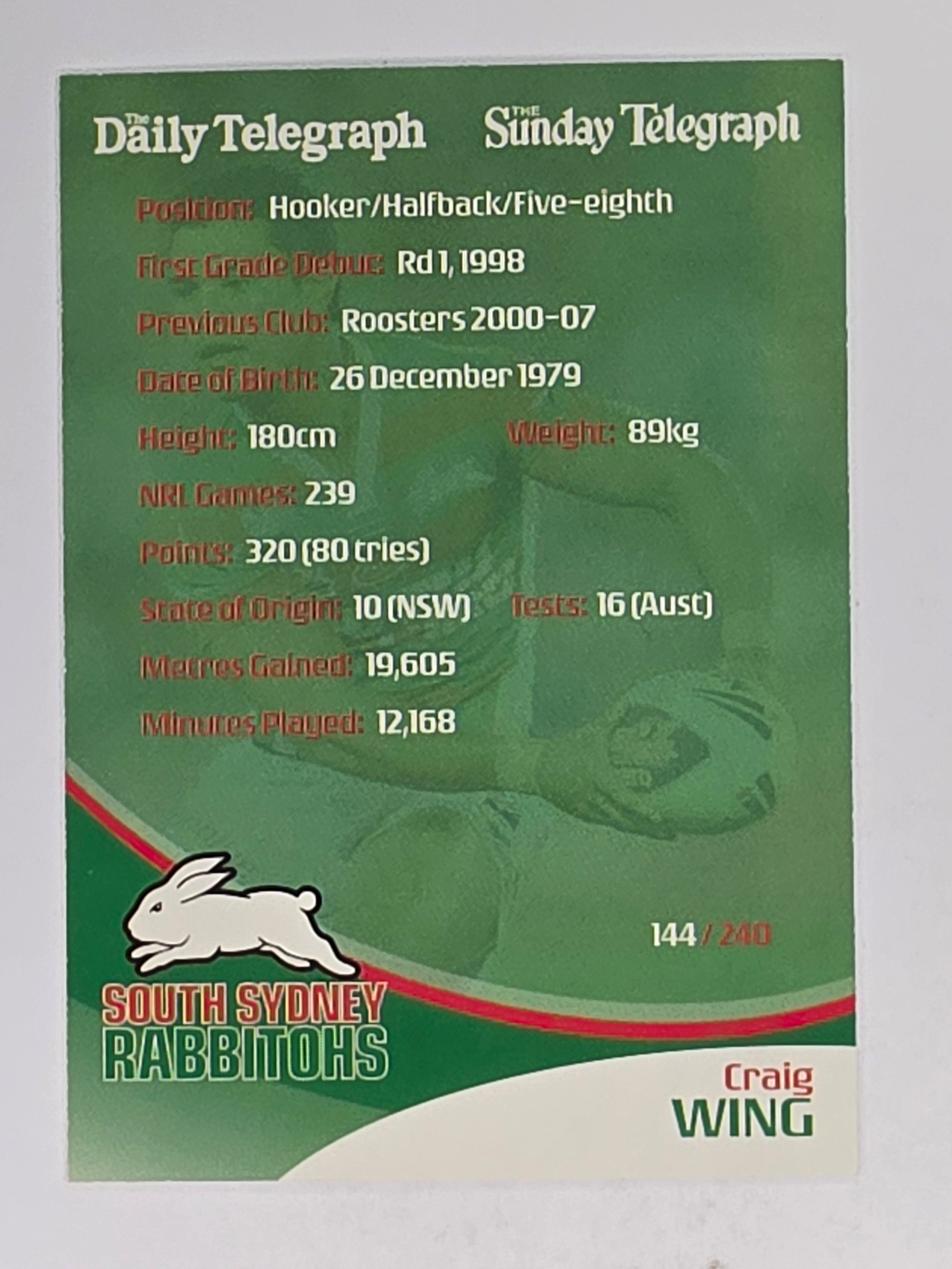 NRL 2009 Daily Telegraph | #144 | Craig Wing | South Sydney Rabbitohs