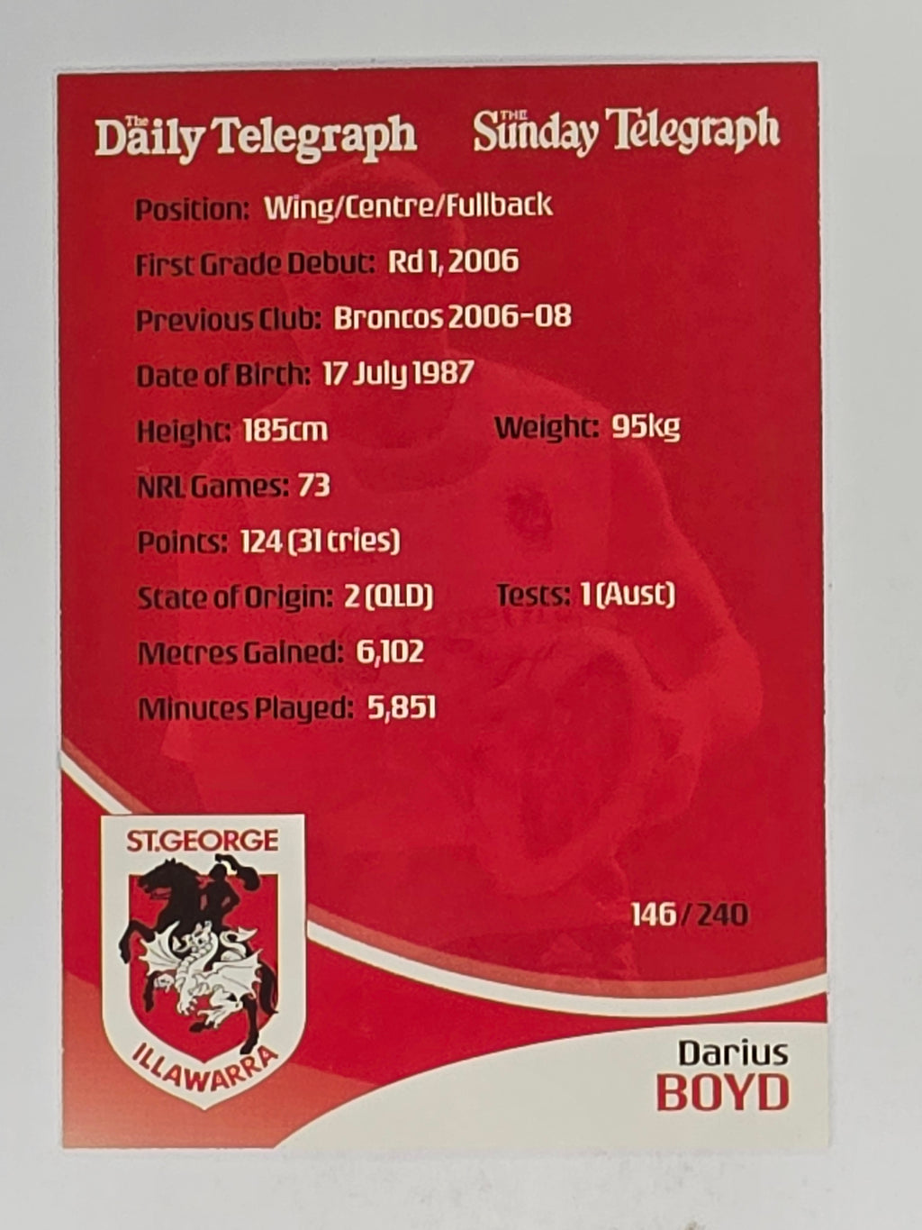 NRL 2009 Daily Telegraph | #146 | Darius Boyd | St George Illawarra Dragons