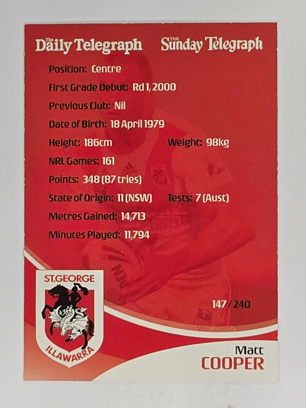 NRL 2009 Daily Telegraph | #147 | Matt Cooper | St George Illawarra Dragons