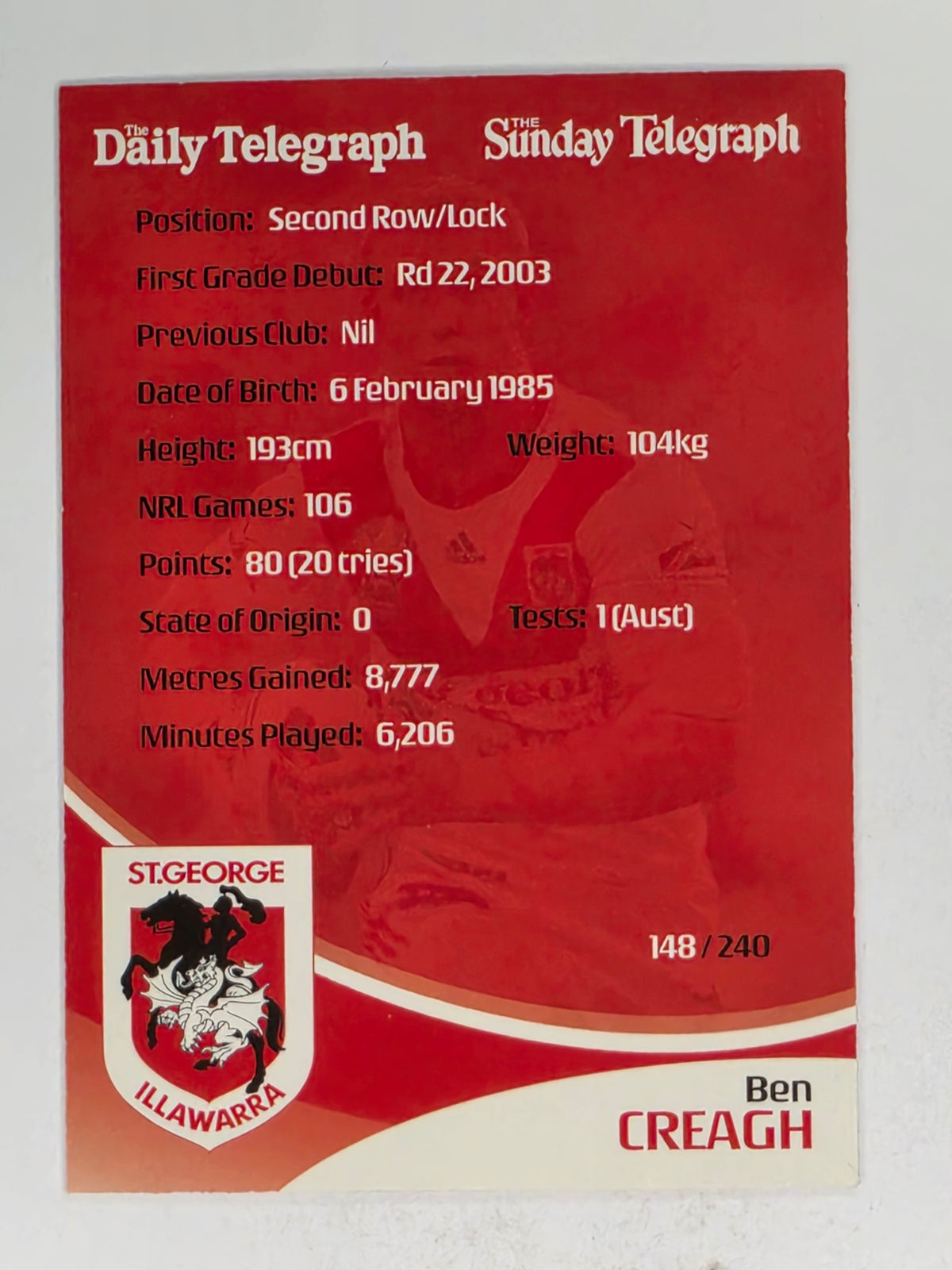 NRL 2009 Daily Telegraph | #148 | Ben Creagh | St George Illawarra Dragons