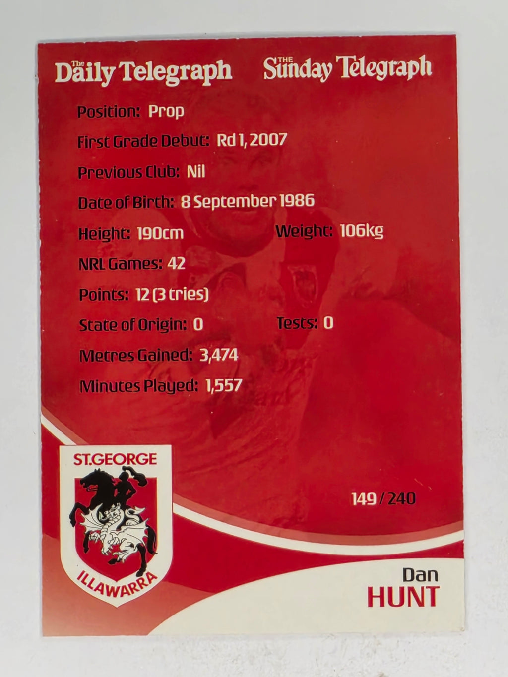 NRL 2009 Daily Telegraph | #149 | Dan Hunt | St George Illawarra Dragons