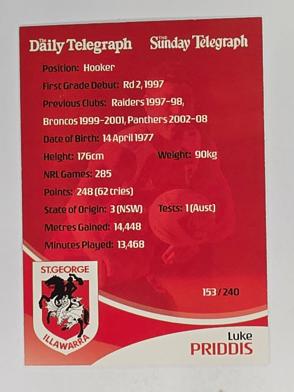 NRL 2009 Daily Telegraph | #153 | Luke Priddis | St George Illawarra Dragons