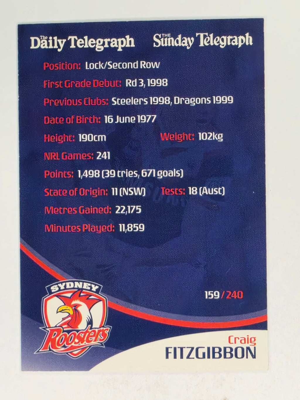 NRL 2009 Daily Telegraph | #159 | Craig Fitzgibbon | Sydney Roosters