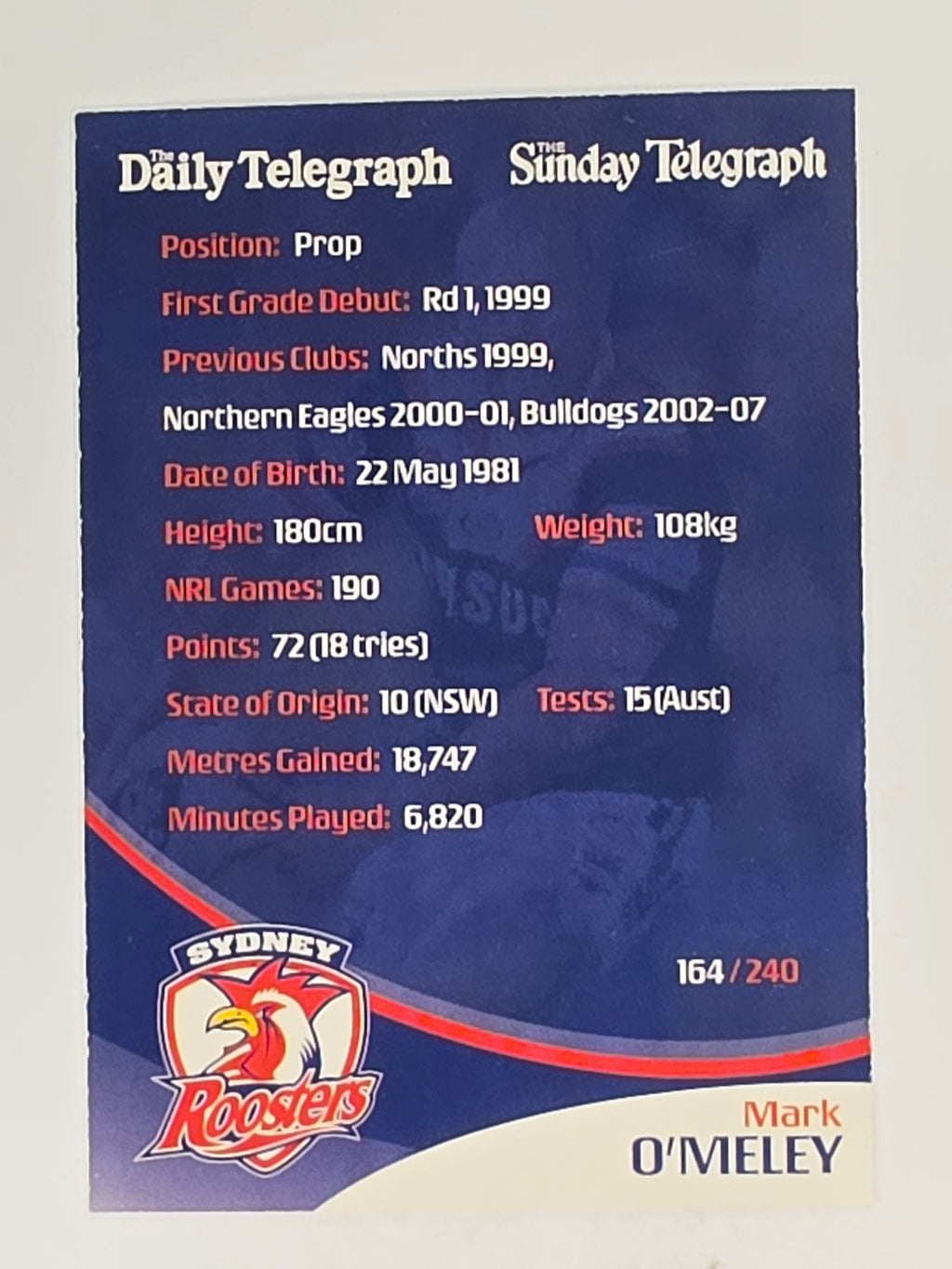 NRL 2009 Daily Telegraph | #164 | Mark O'Meley | Sydney Roosters