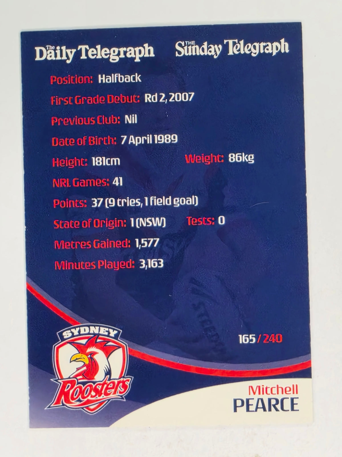 NRL 2009 Daily Telegraph | #165 | Mitchell Pearce | Sydney Roosters
