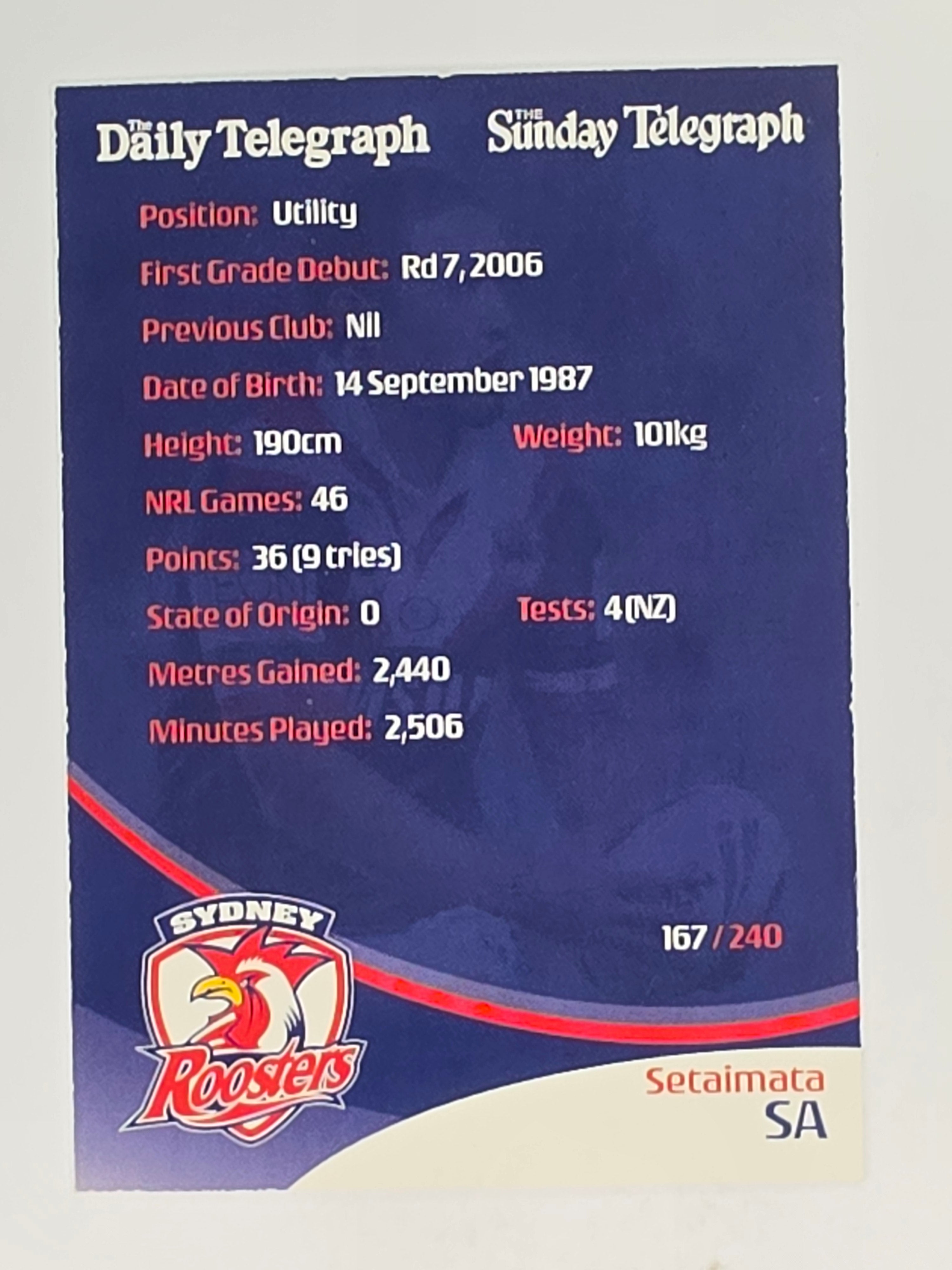 NRL 2009 Daily Telegraph | #167 | Setaimata Sa | Sydney Roosters