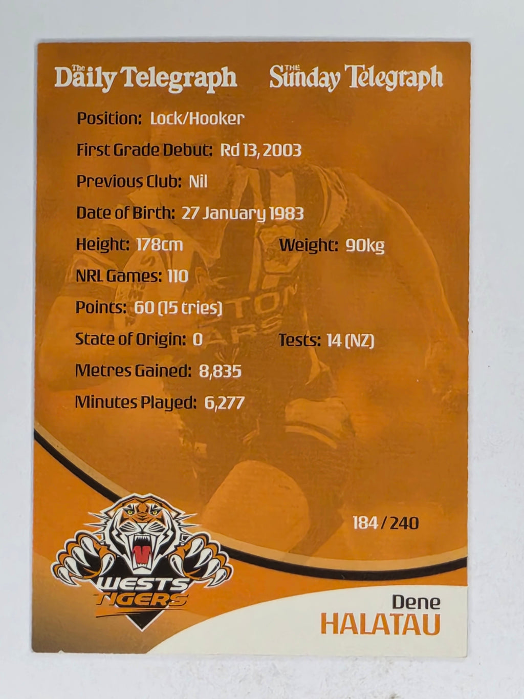 NRL 2009 Daily Telegraph | #184 | Dene Halatau | Wests Tigers