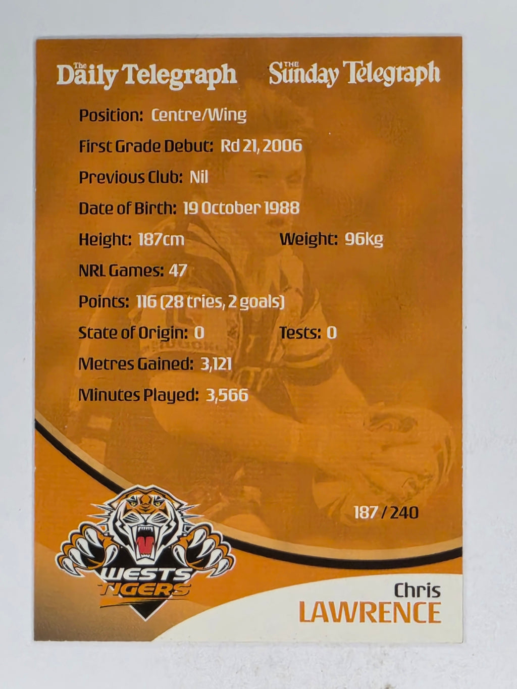 NRL 2009 Daily Telegraph | #187 | Chris Lawrence | Wests Tigers