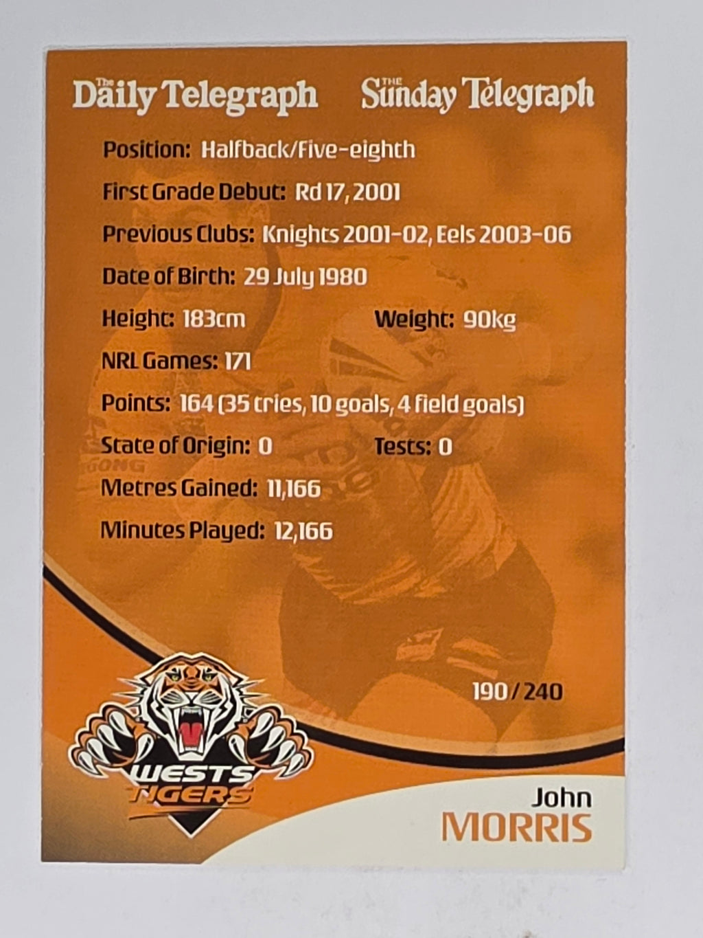NRL 2009 Daily Telegraph | #190 | John Morris | Wests Tigers