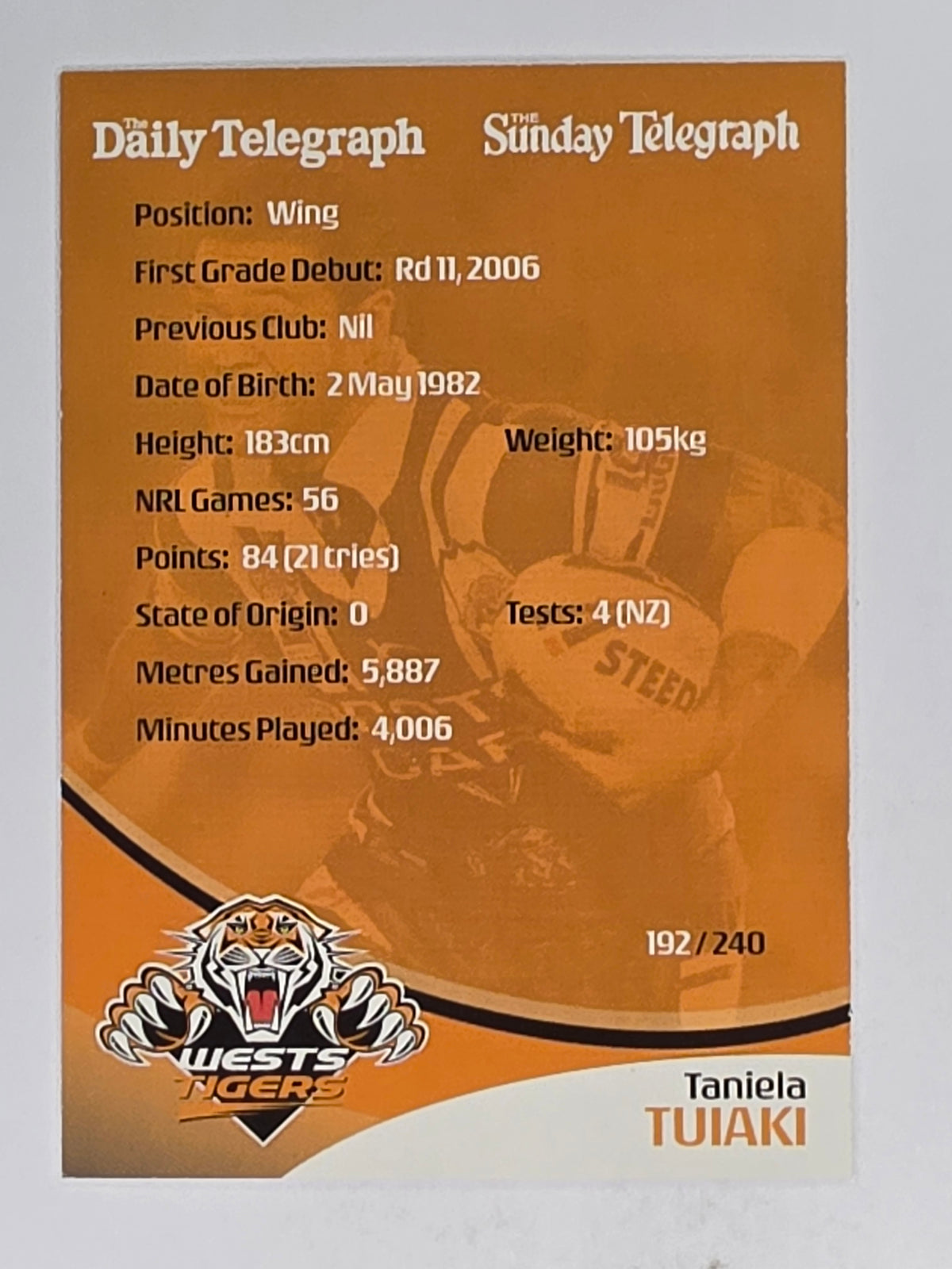 NRL 2009 Daily Telegraph | #192 | Taniela Tuiaki | Wests Tigers