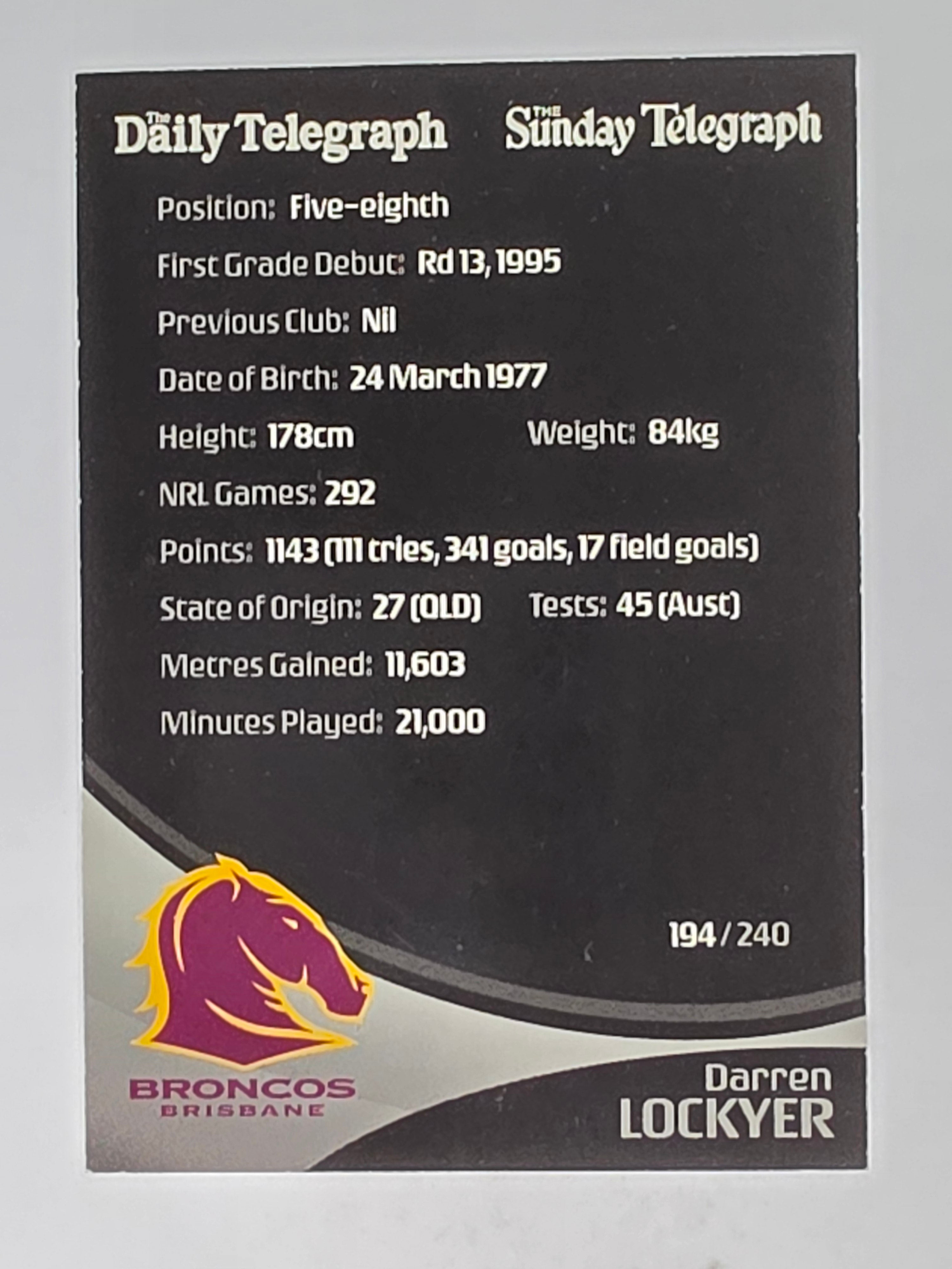 NRL 2009 Daily Telegraph | #194 | Darren Lockyer | Brisbane Broncos