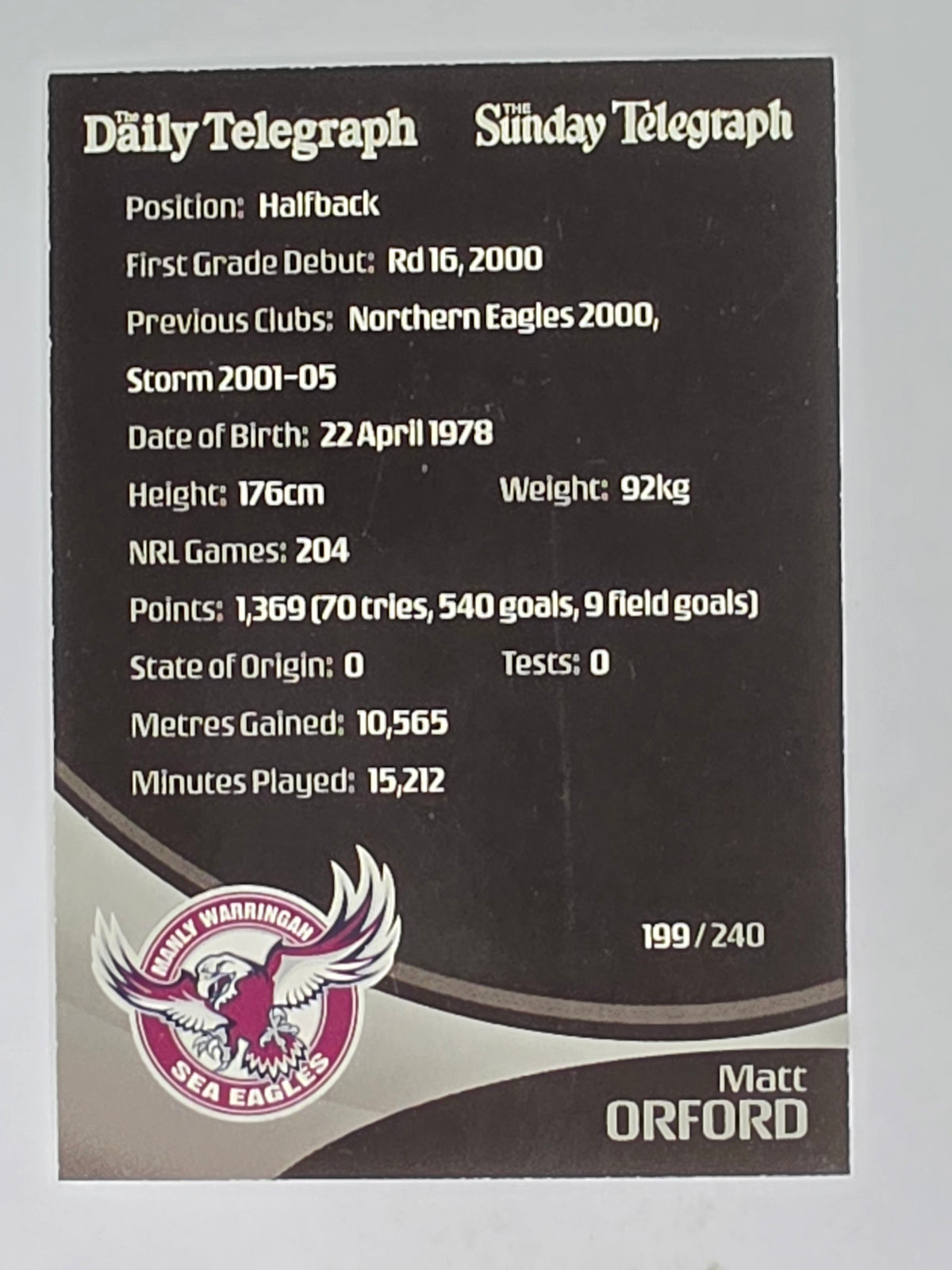NRL 2009 Daily Telegraph | #199 | Matt Orford | Manly Warringah Sea Eagles