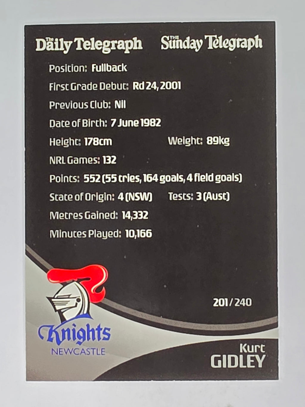 NRL 2009 Daily Telegraph | #201 | Kurt Gidley | Newcastle Knights