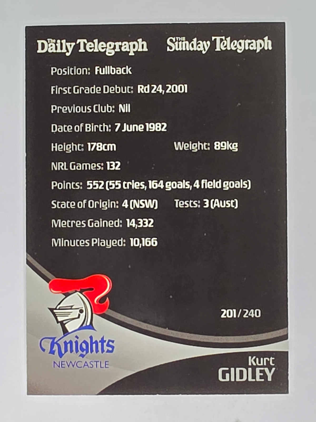 NRL 2009 Daily Telegraph | #201 | Kurt Gidley | Newcastle Knights