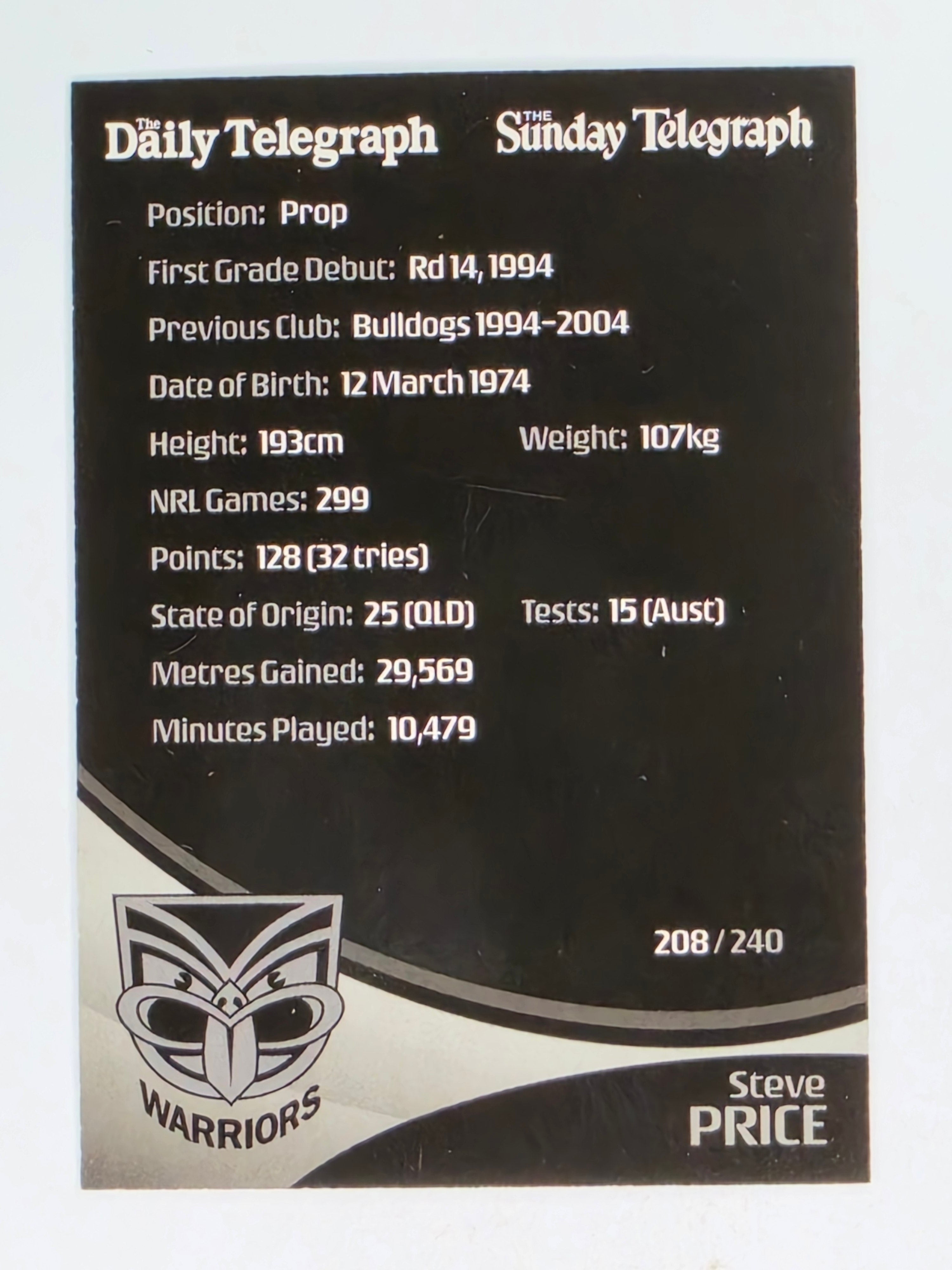 NRL 2009 Daily Telegraph | #208 | Steve Price | New Zealand Warriors