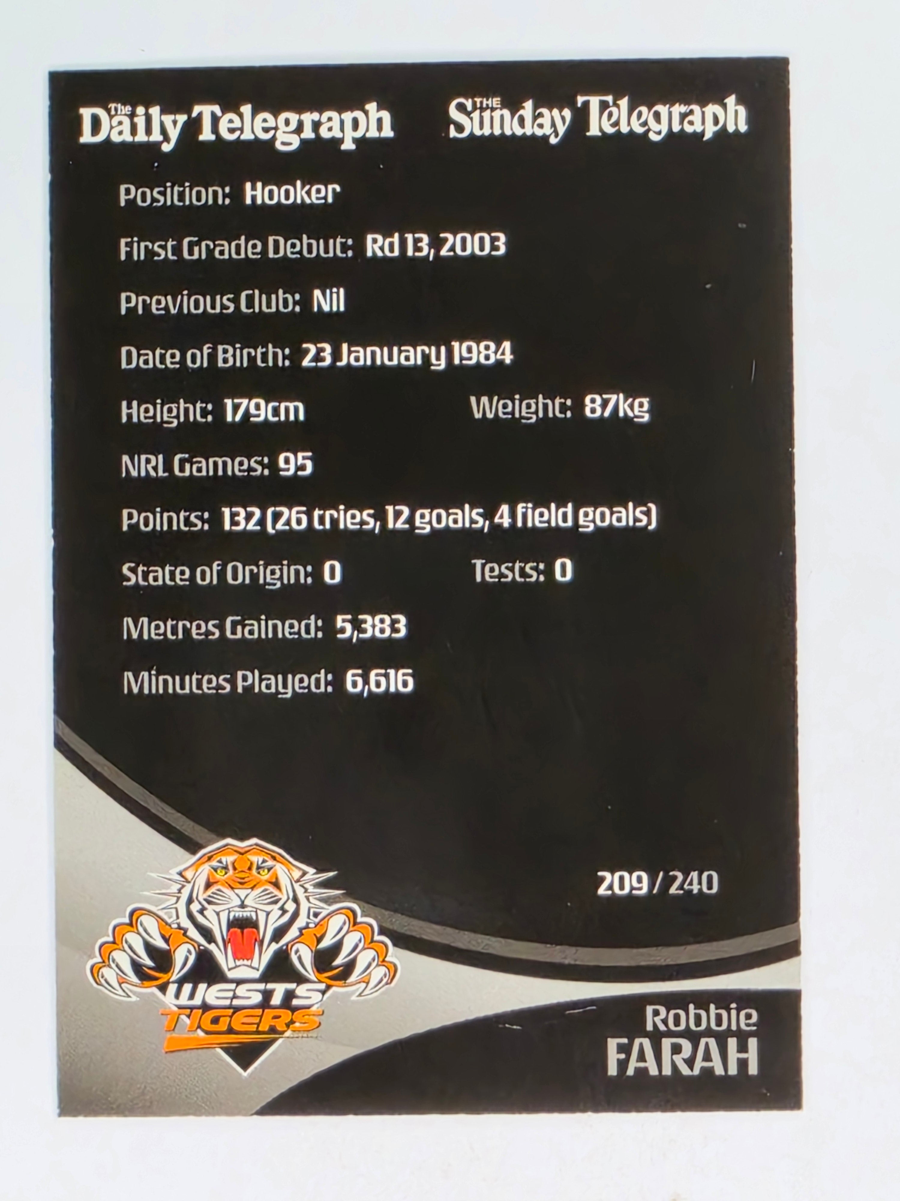 NRL 2009 Daily Telegraph | #209 | Robbie Farah | Wests Tigers