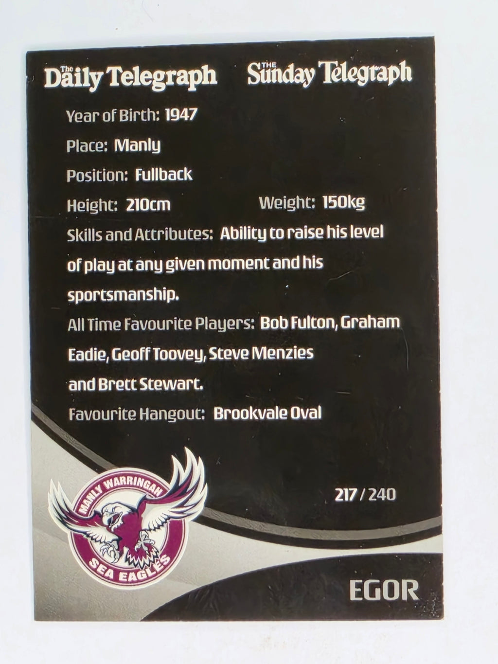 NRL 2009 Daily Telegraph | #217 | Team Mascot | Manly Warringah Sea Eagles