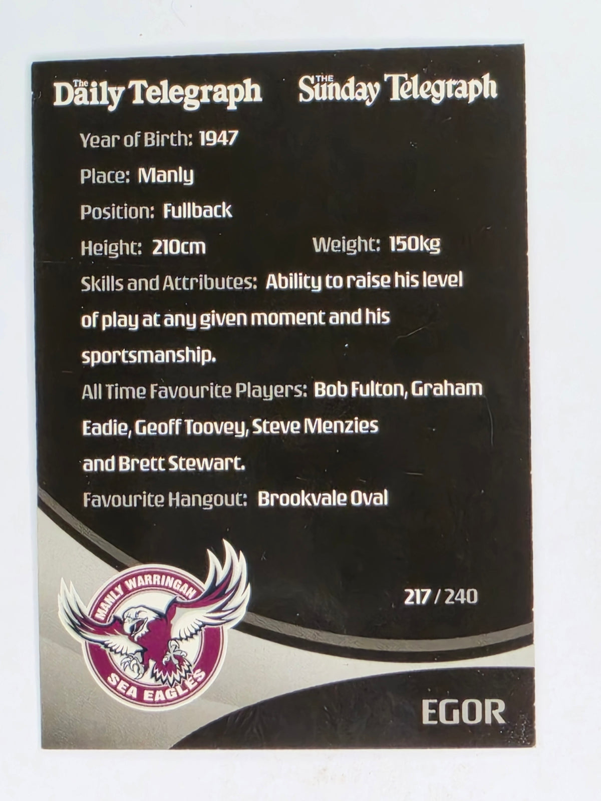 NRL 2009 Daily Telegraph | #217 | Team Mascot | Manly Warringah Sea Eagles