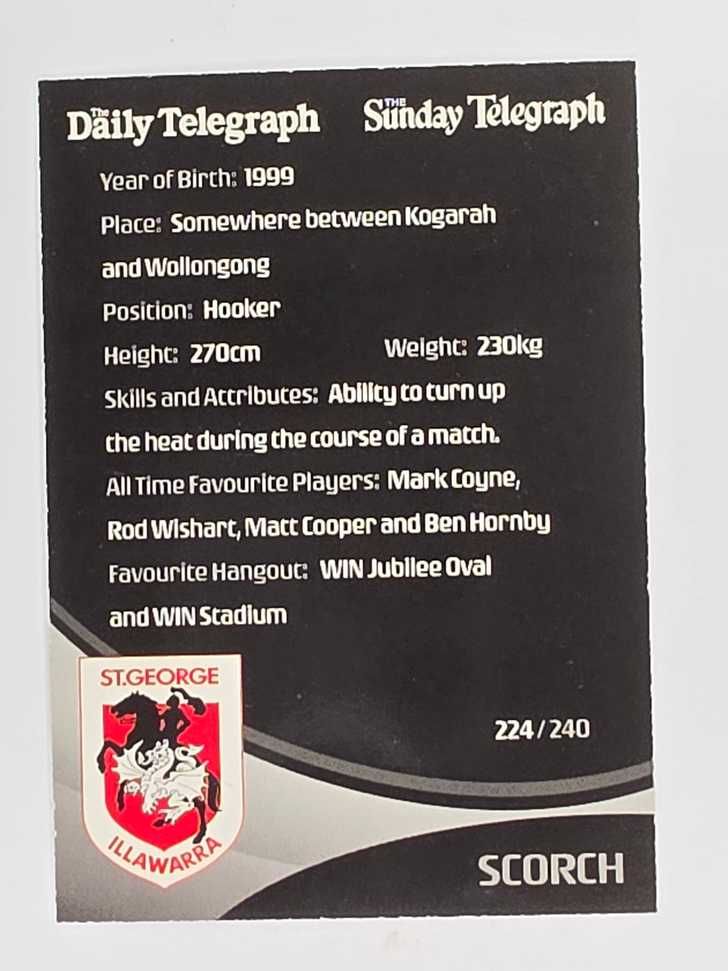 NRL 2009 Daily Telegraph | #224 | Team Mascot | St George Illawarra Dragons