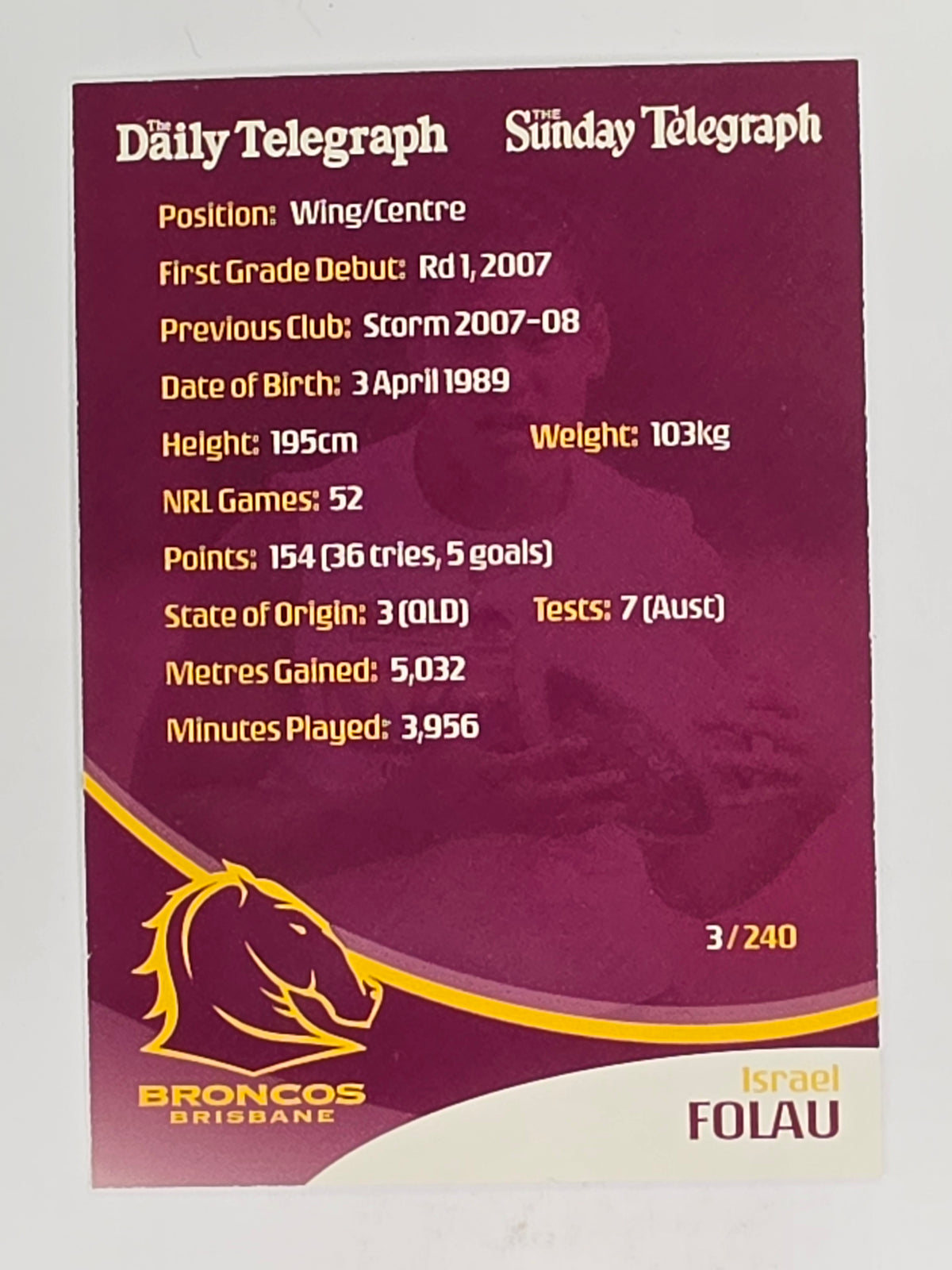 NRL 2009 Daily Telegraph | FOIL #003 | Israel Folau | Brisbane Broncos