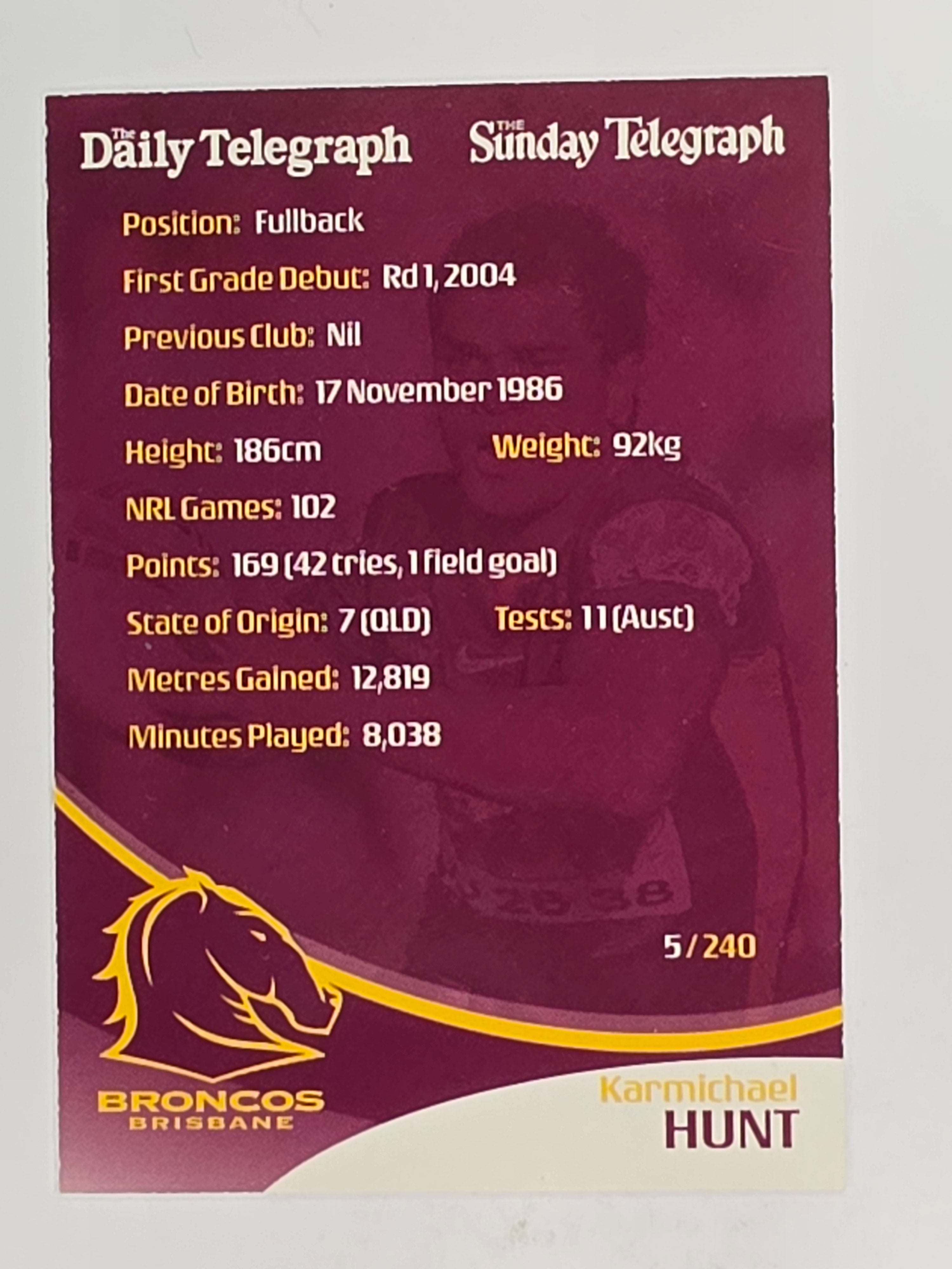 NRL 2009 Daily Telegraph | FOIL #005 | Karmichael Hunt | Brisbane Broncos