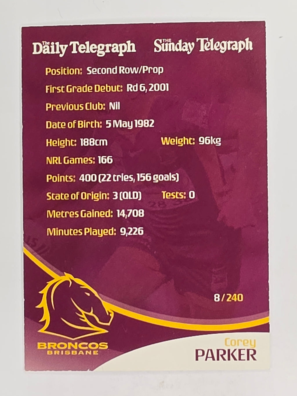 NRL 2009 Daily Telegraph | FOIL #008 | Corey Parker | Brisbane Broncos