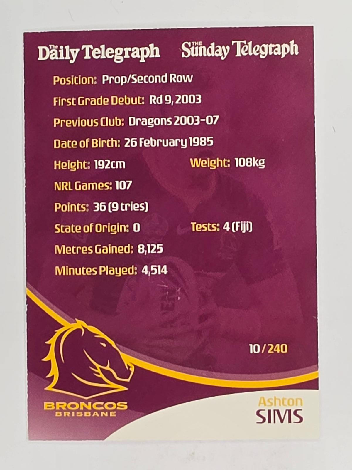 NRL 2009 Daily Telegraph | FOIL #010 | Ashton Sims | Brisbane Broncos