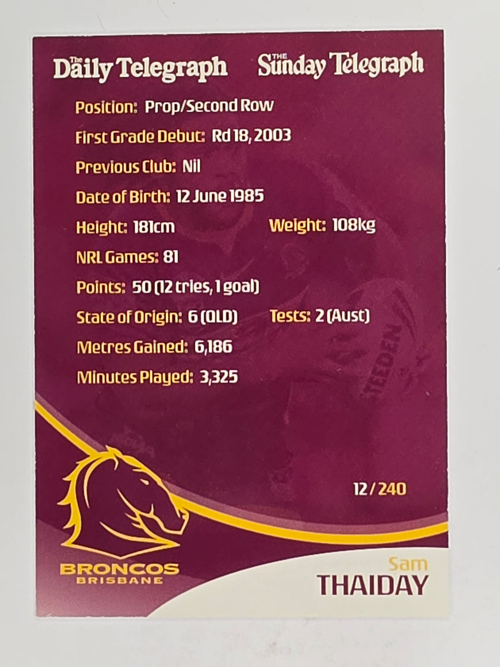 NRL 2009 Daily Telegraph | FOIL #012 | Sam Thaiday | Brisbane Broncos