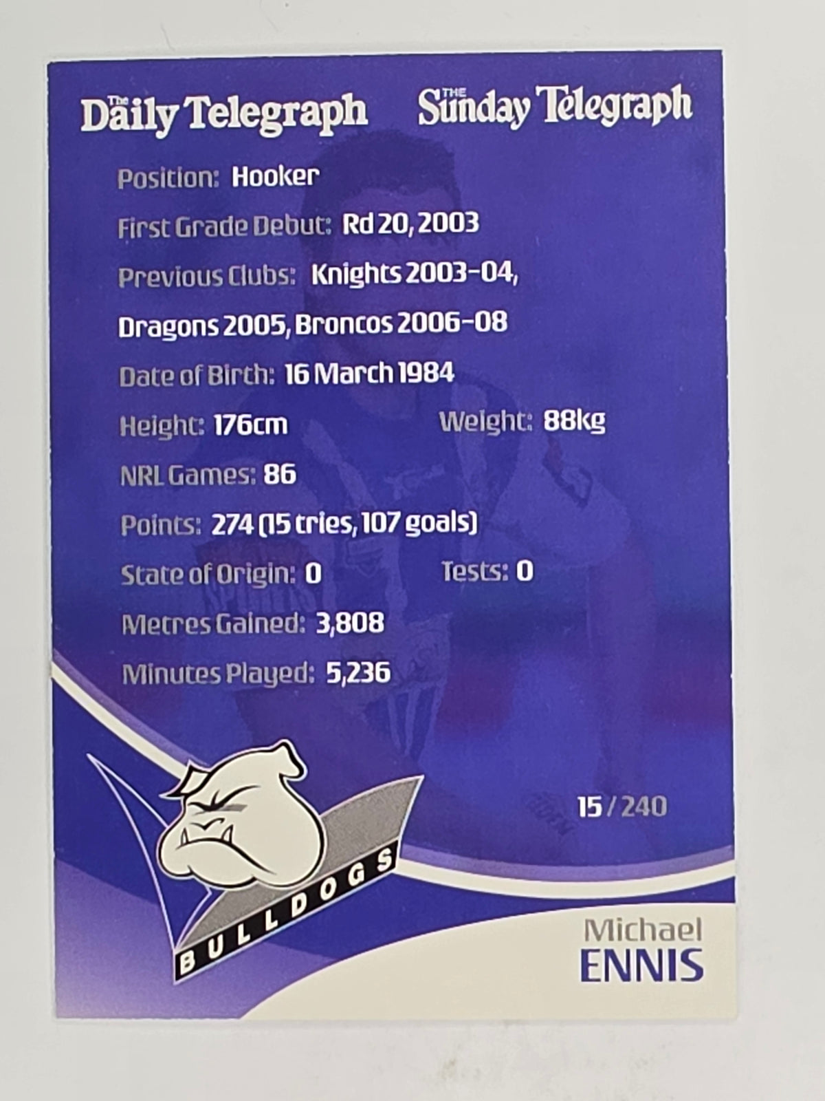 NRL 2009 Daily Telegraph | FOIL #015 | Michael Ennis | Canterbury Bankstown Bulldogs