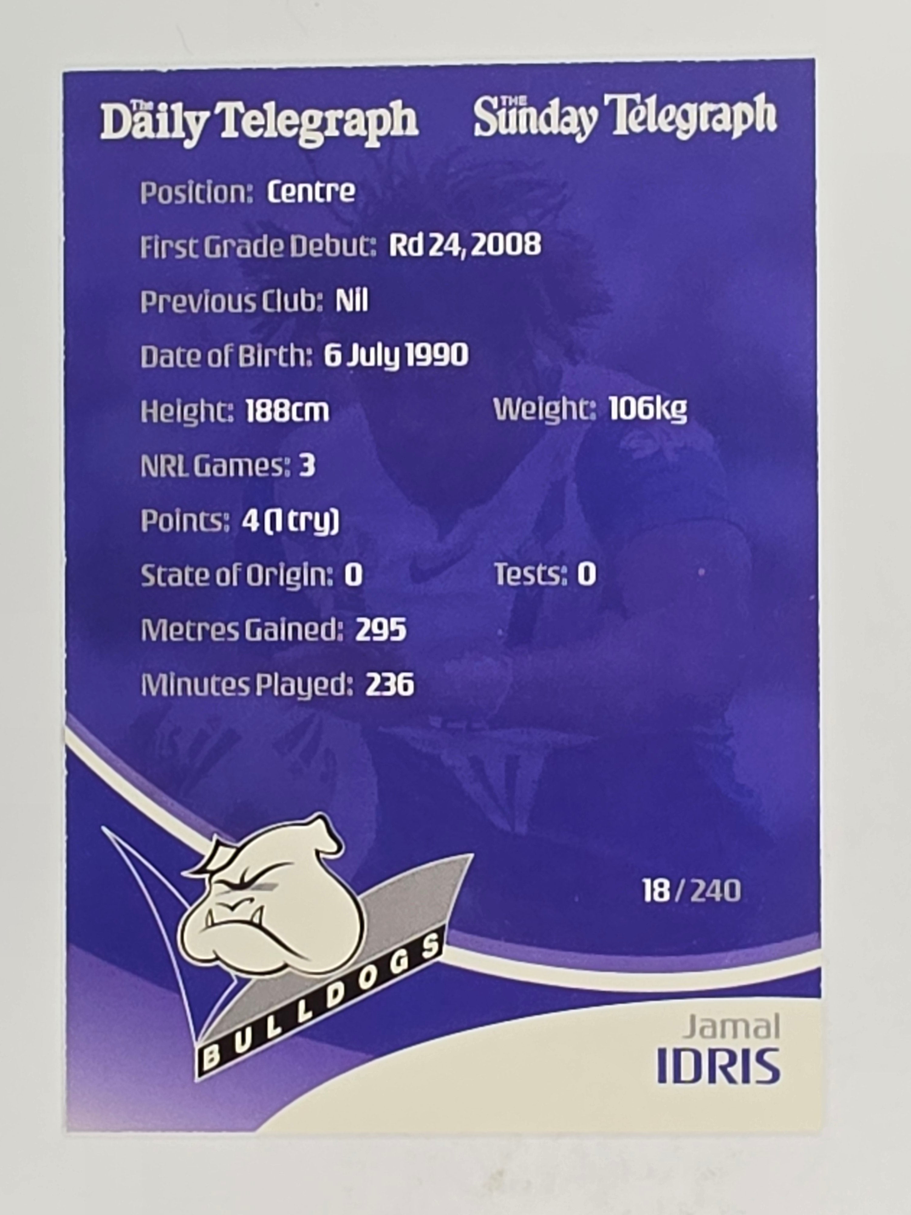 NRL 2009 Daily Telegraph | FOIL #018 | Jamal Idris | Canterbury Bankstown Bulldogs