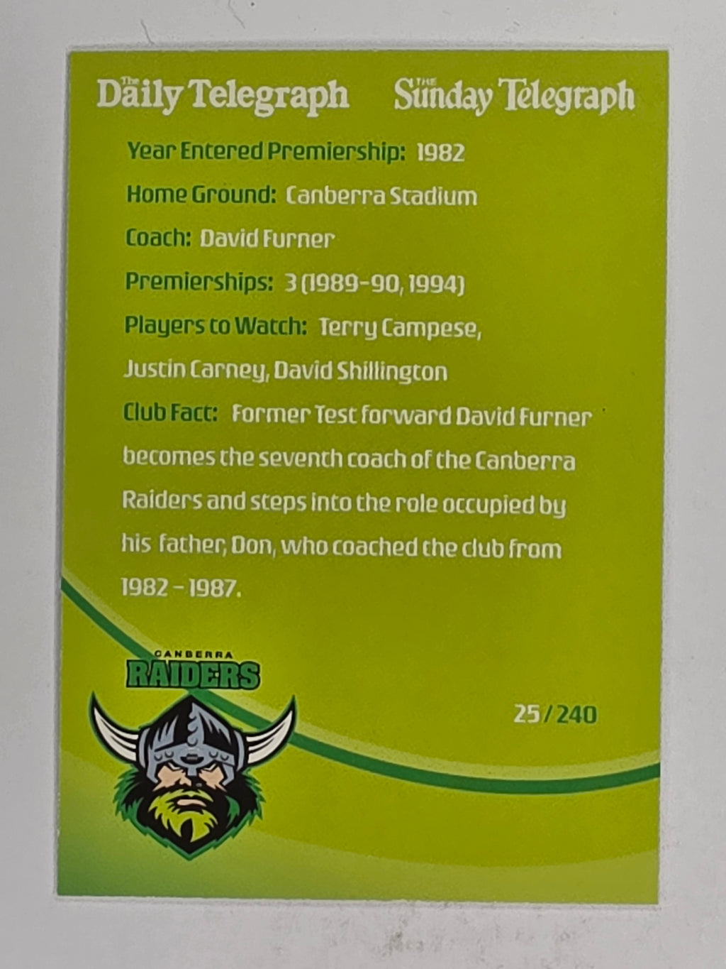 NRL 2009 Daily Telegraph | FOIL #025 | Logo | Canberra Raiders