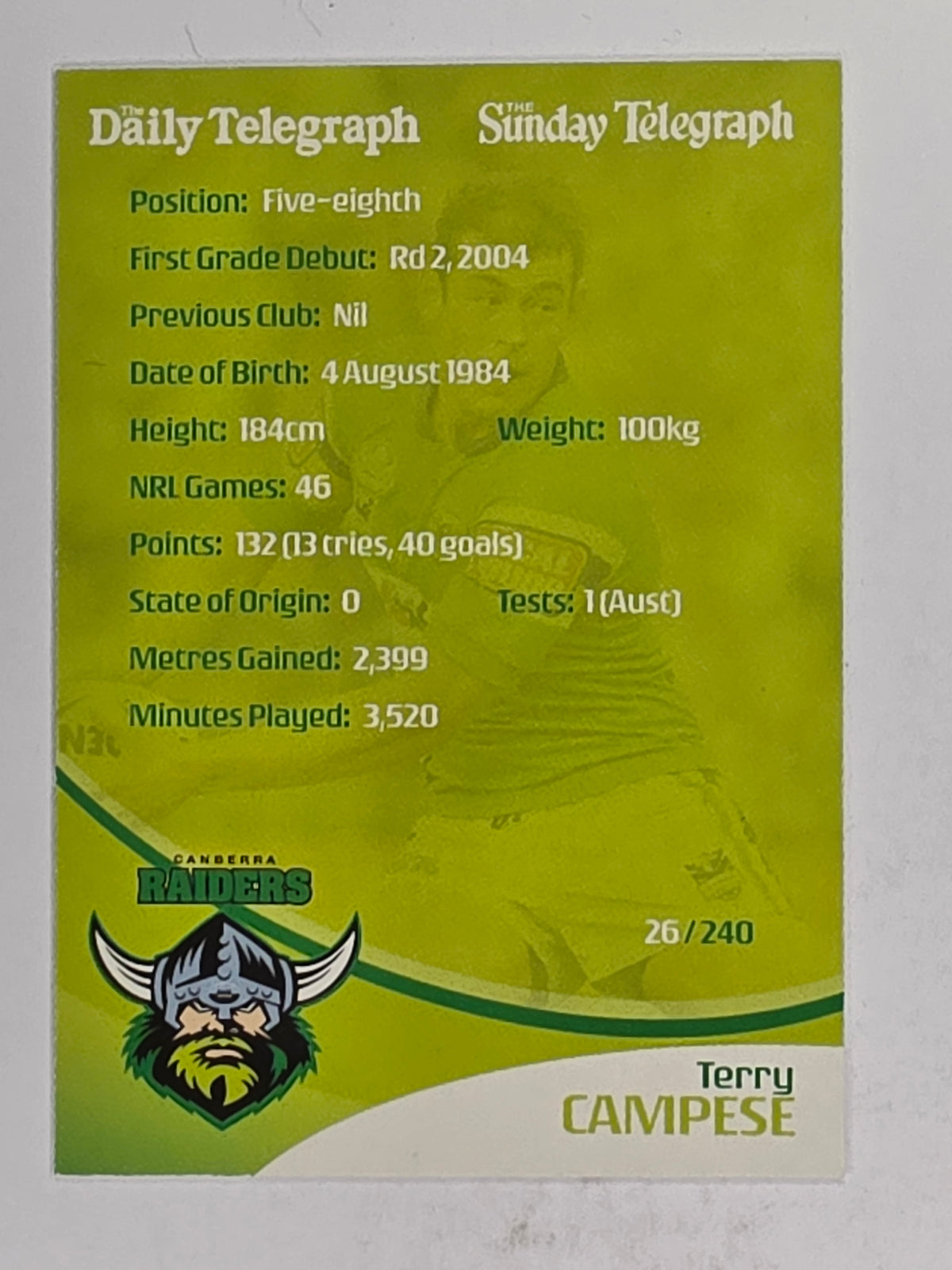 NRL 2009 Daily Telegraph | FOIL #026 | Terry Campese | Canberra Raiders