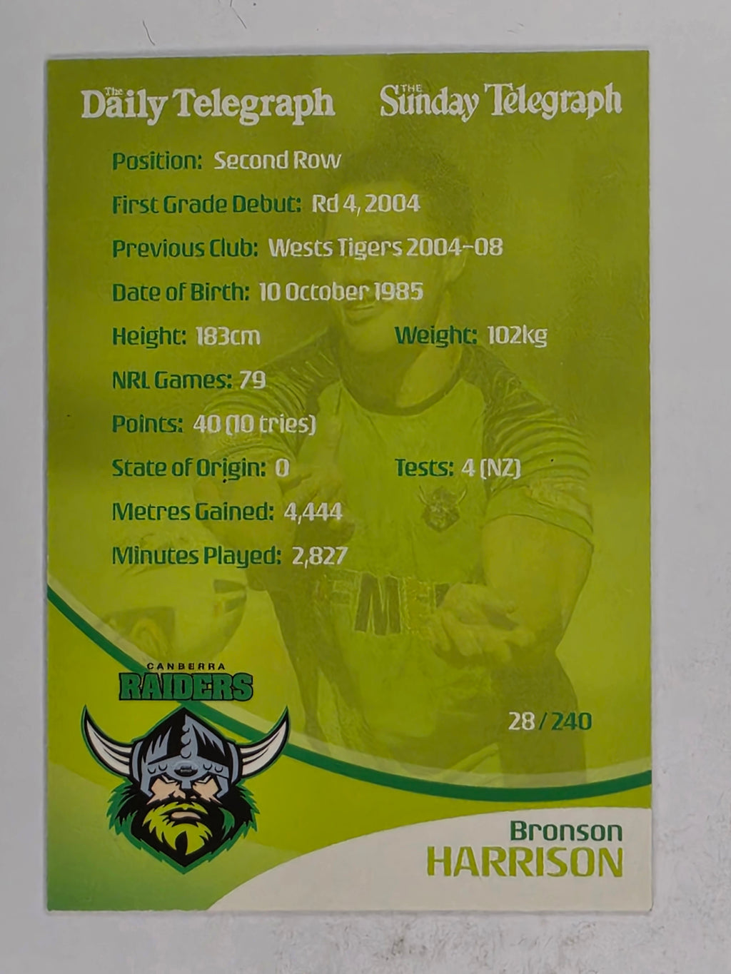 NRL 2009 Daily Telegraph | FOIL #028 | Bronson Harrison | Canberra Raiders