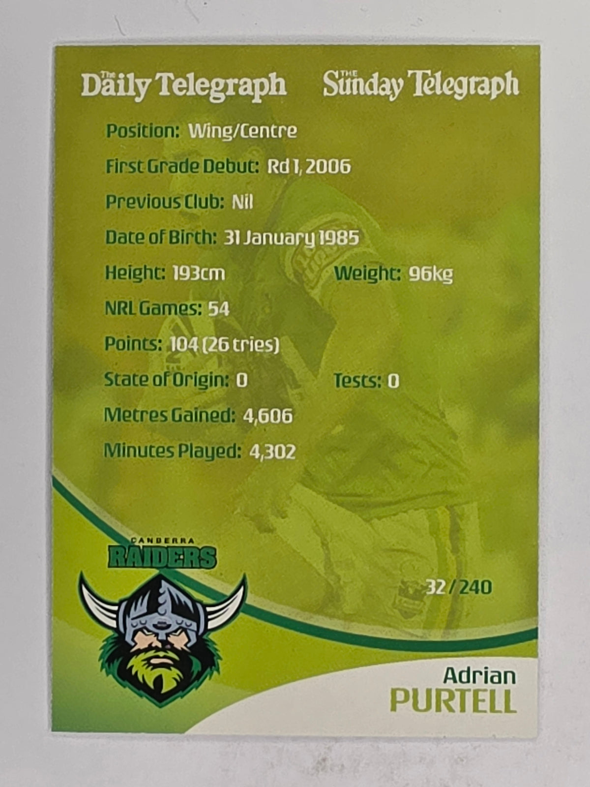 NRL 2009 Daily Telegraph | FOIL #032 | Adrian Purtell | Canberra Raiders